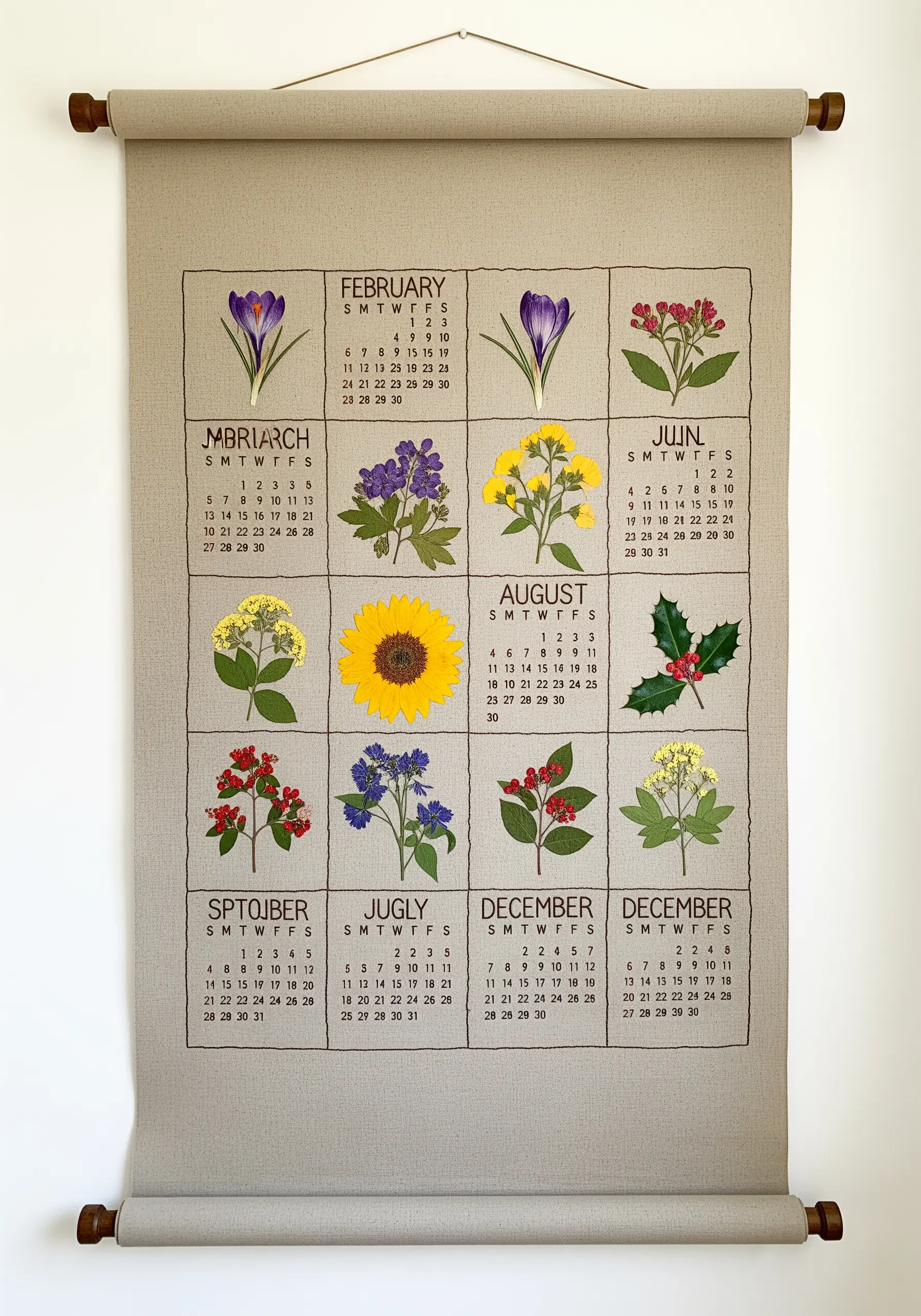 A large linen wall calendar with a grid and pressed flowers for each month.