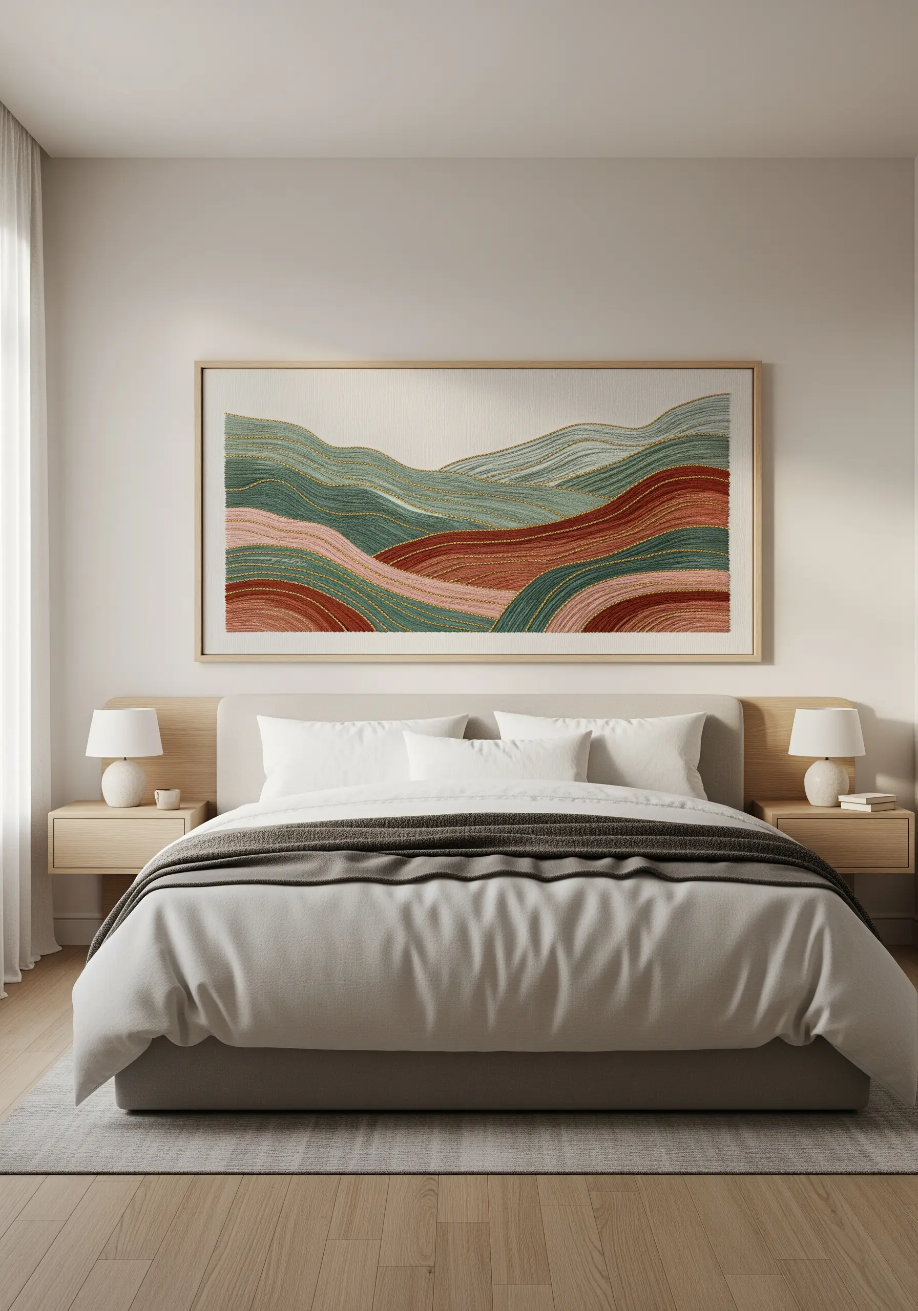 Large-scale embroidered landscape with metallic thread accents above a bed