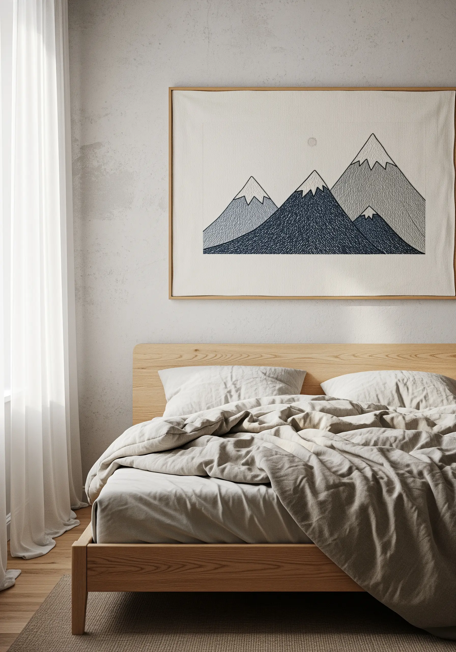 Large-scale embroidered mountain landscape with textured fill stitches hanging above a bed.