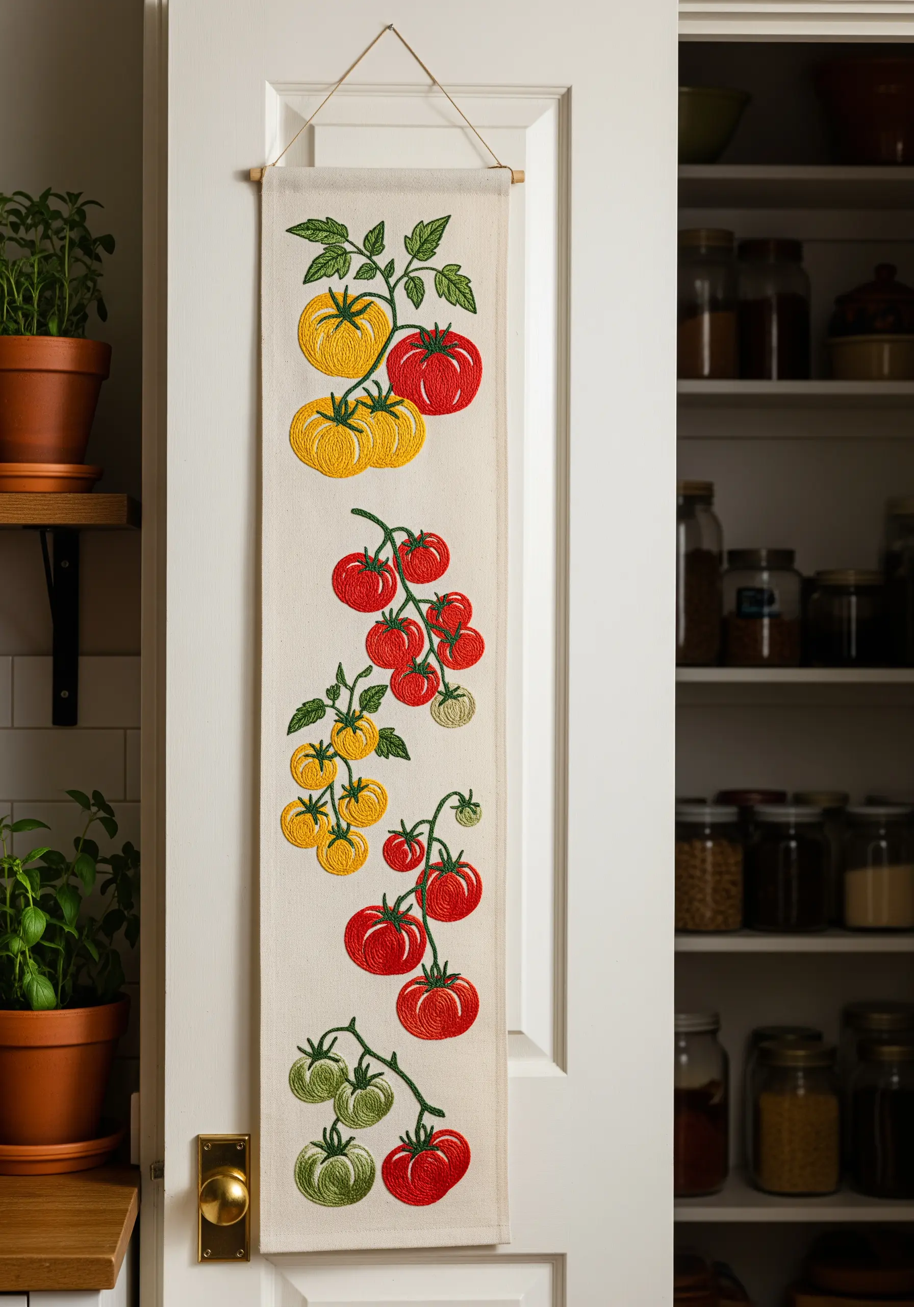 A long wall banner embroidered with cascading vines of colorful tomatoes hanging on a pantry door.