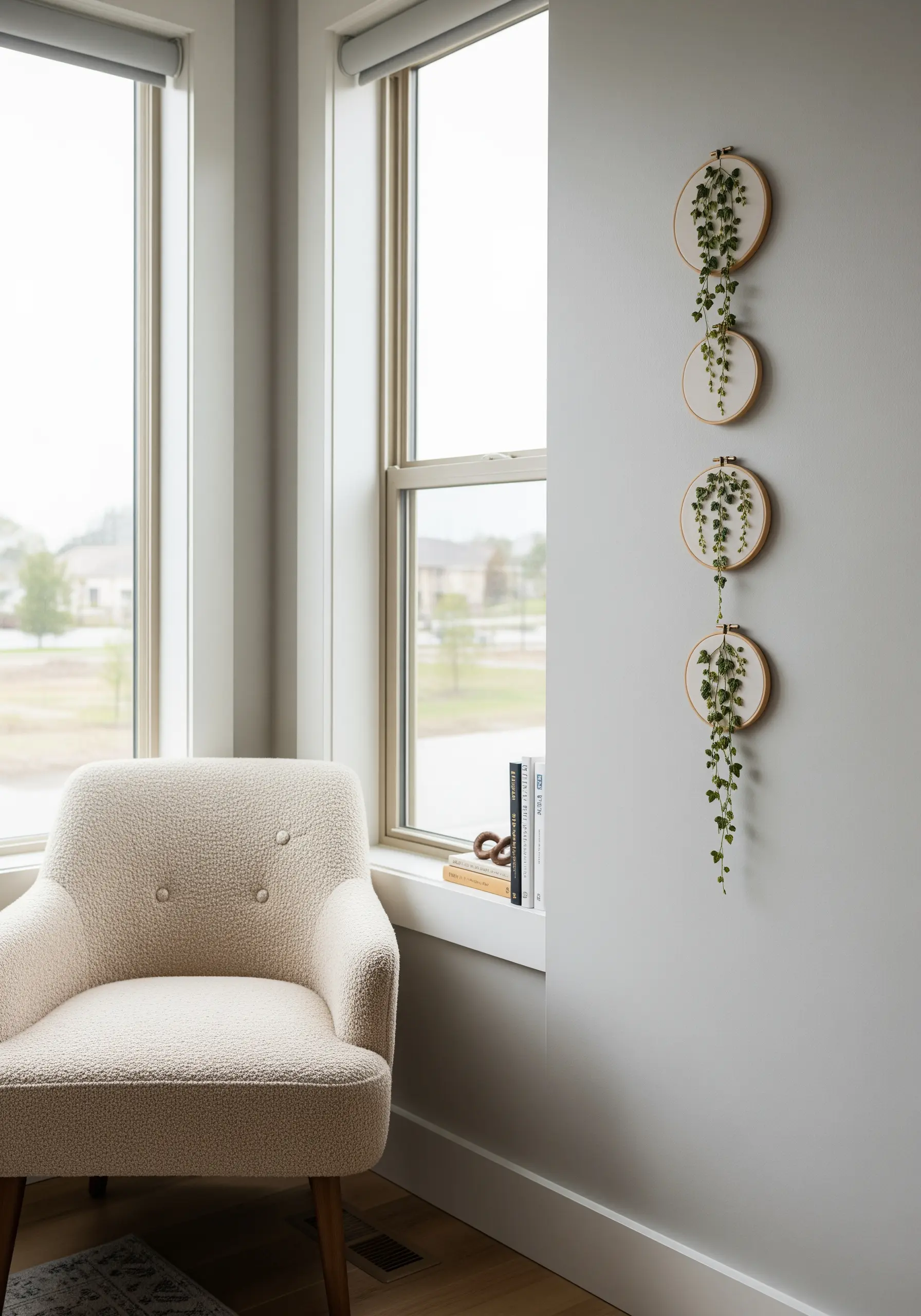 Three embroidery hoops with cascading ivy arranged vertically on a gray wall next to a window.