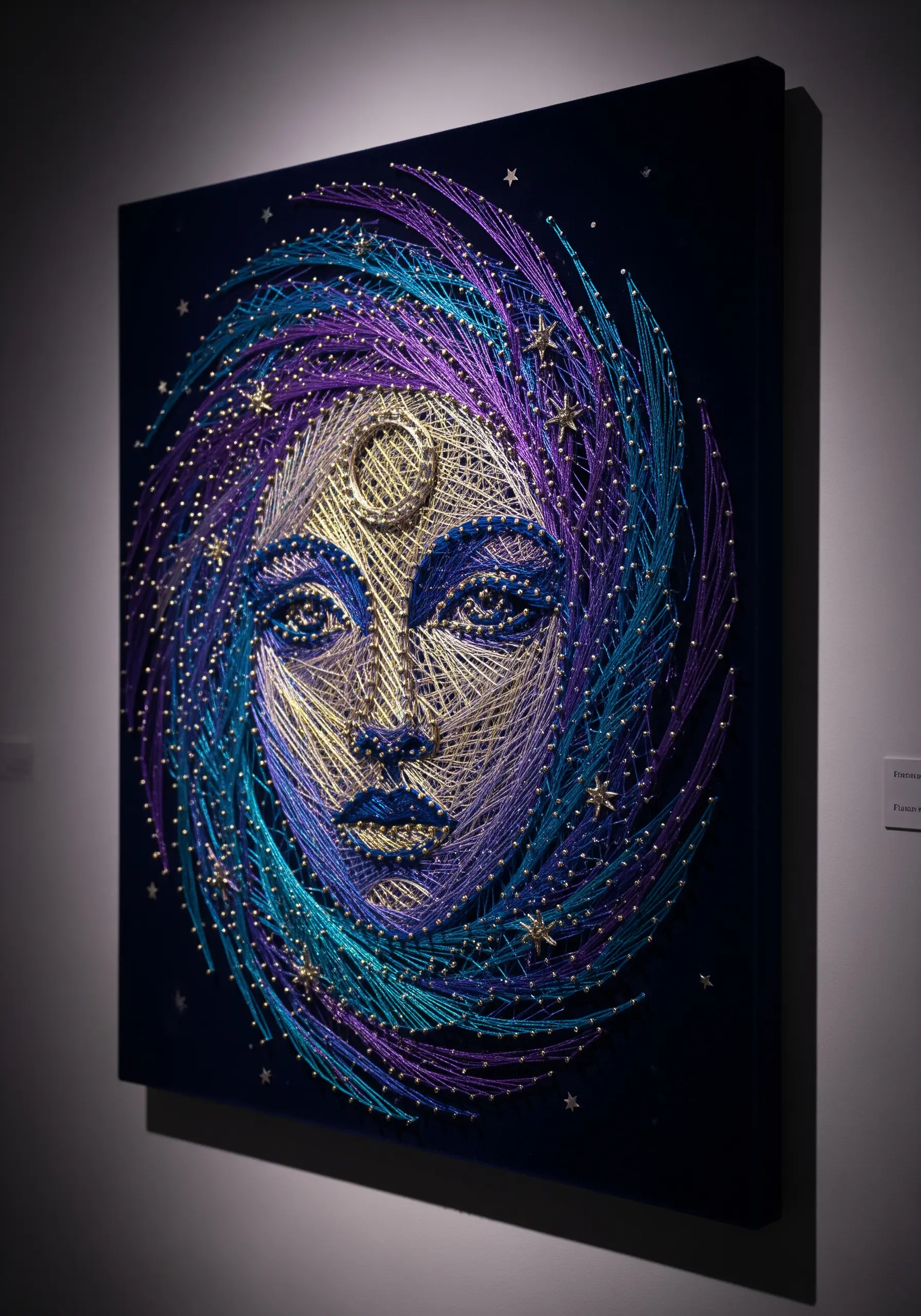 A celestial string art portrait with swirling blue and purple threads, gold accents, and star details.