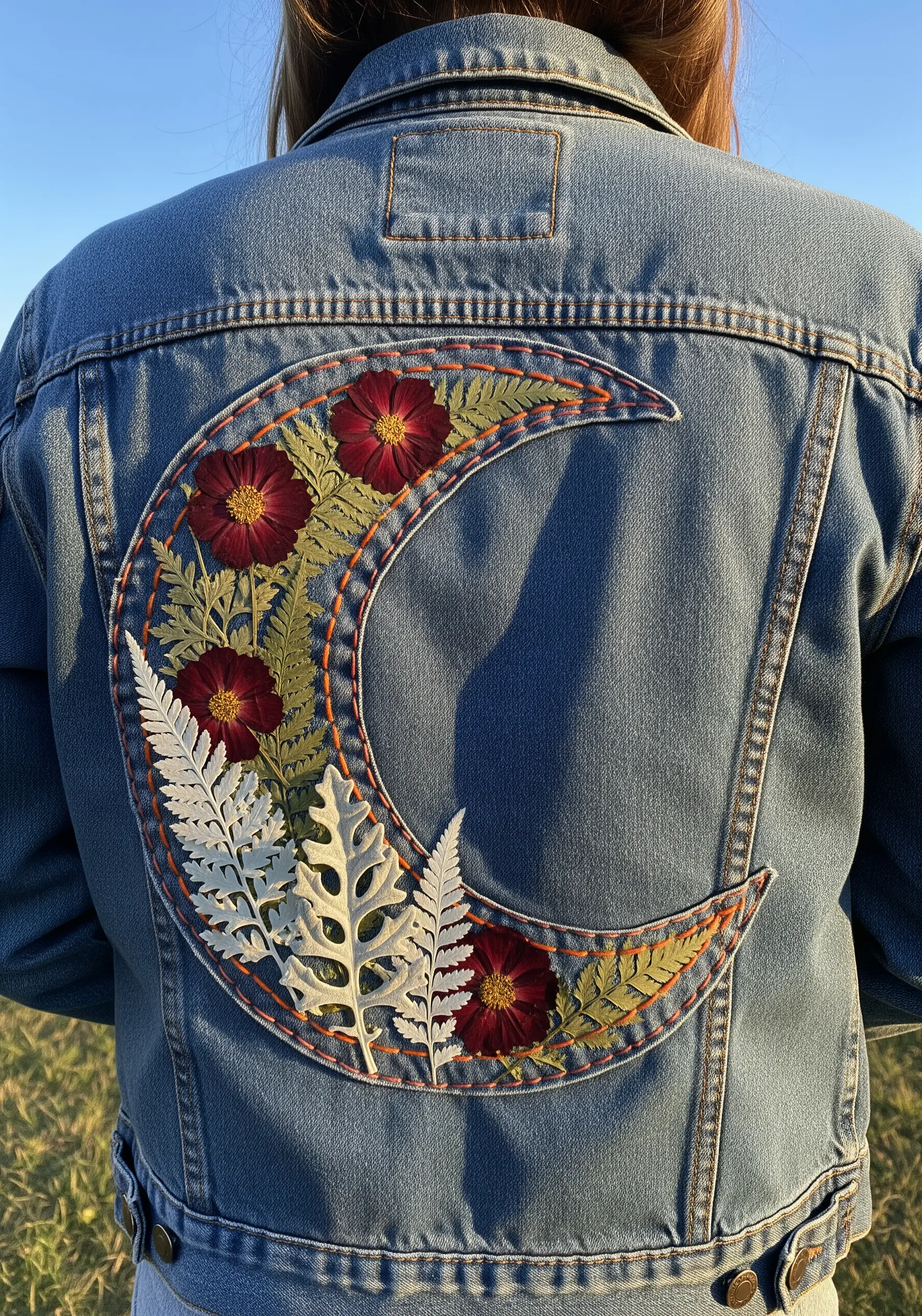 Crescent moon appliqué on a denim jacket, filled with pressed flowers and ferns.