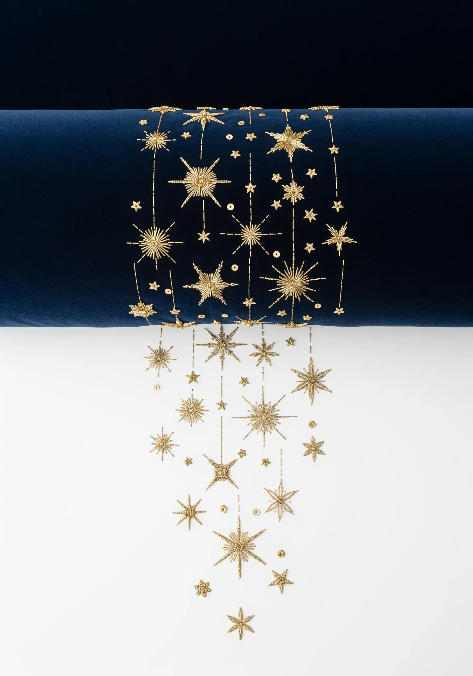 Gold metallic stars and beads embroidered in a cascade on a navy blue pillow.