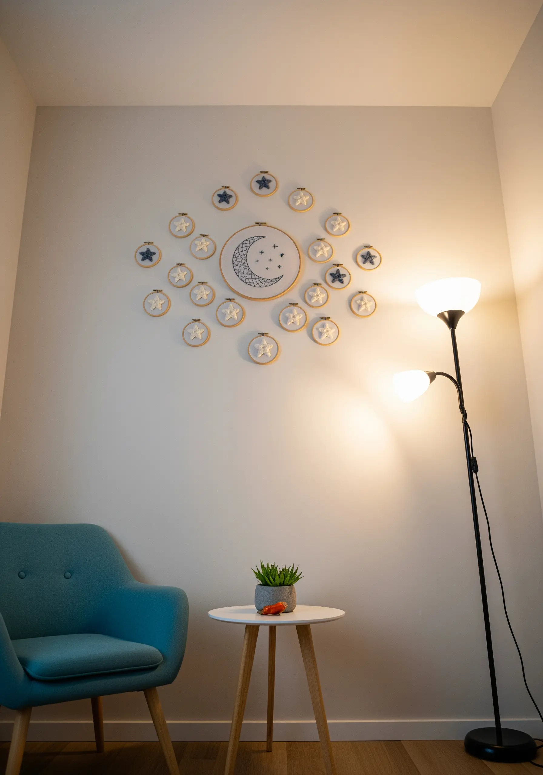 A large moon embroidery hoop surrounded by a constellation of many tiny star hoops