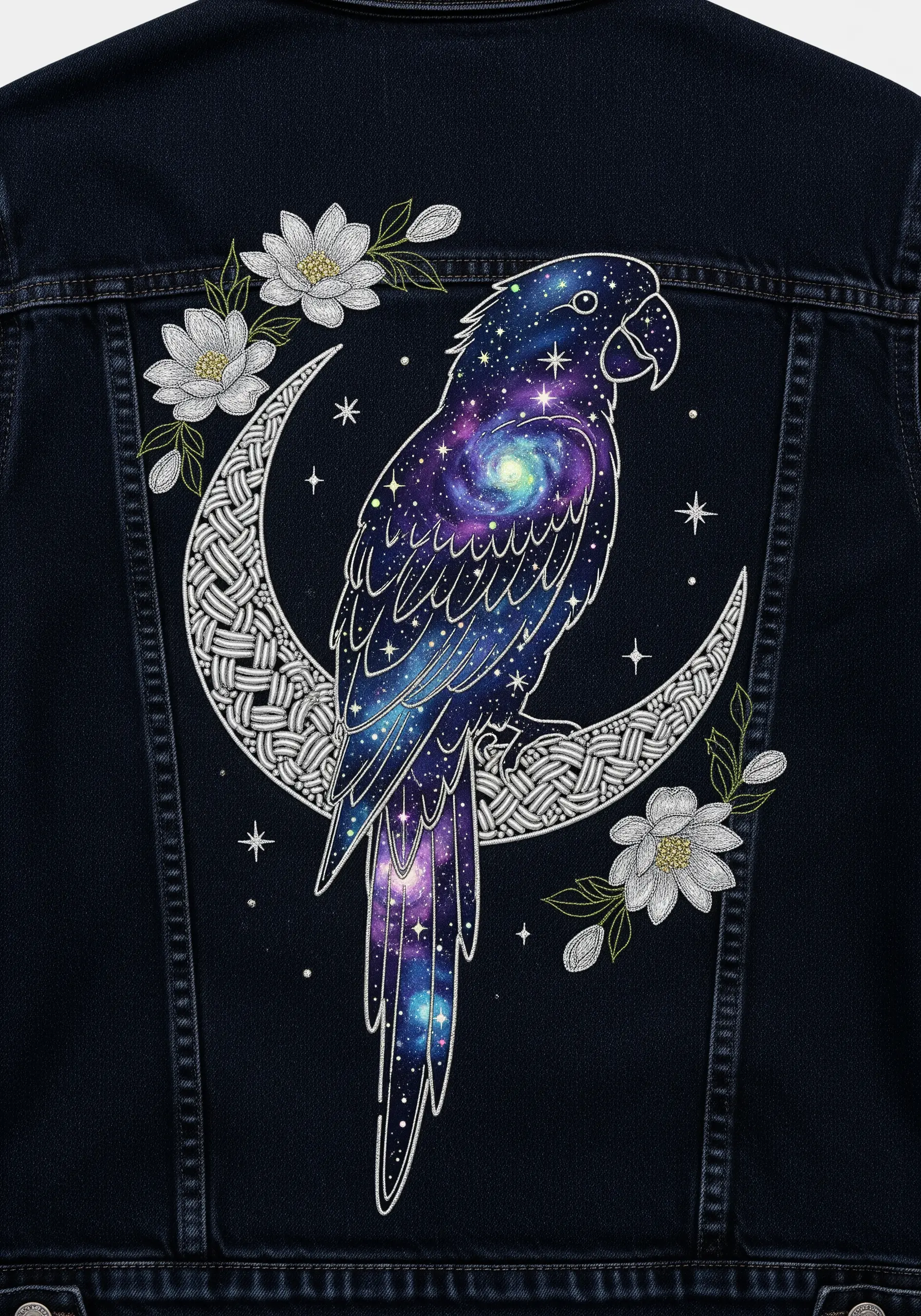 A parrot silhouette filled with a purple and blue galaxy pattern, perched on a crescent moon.