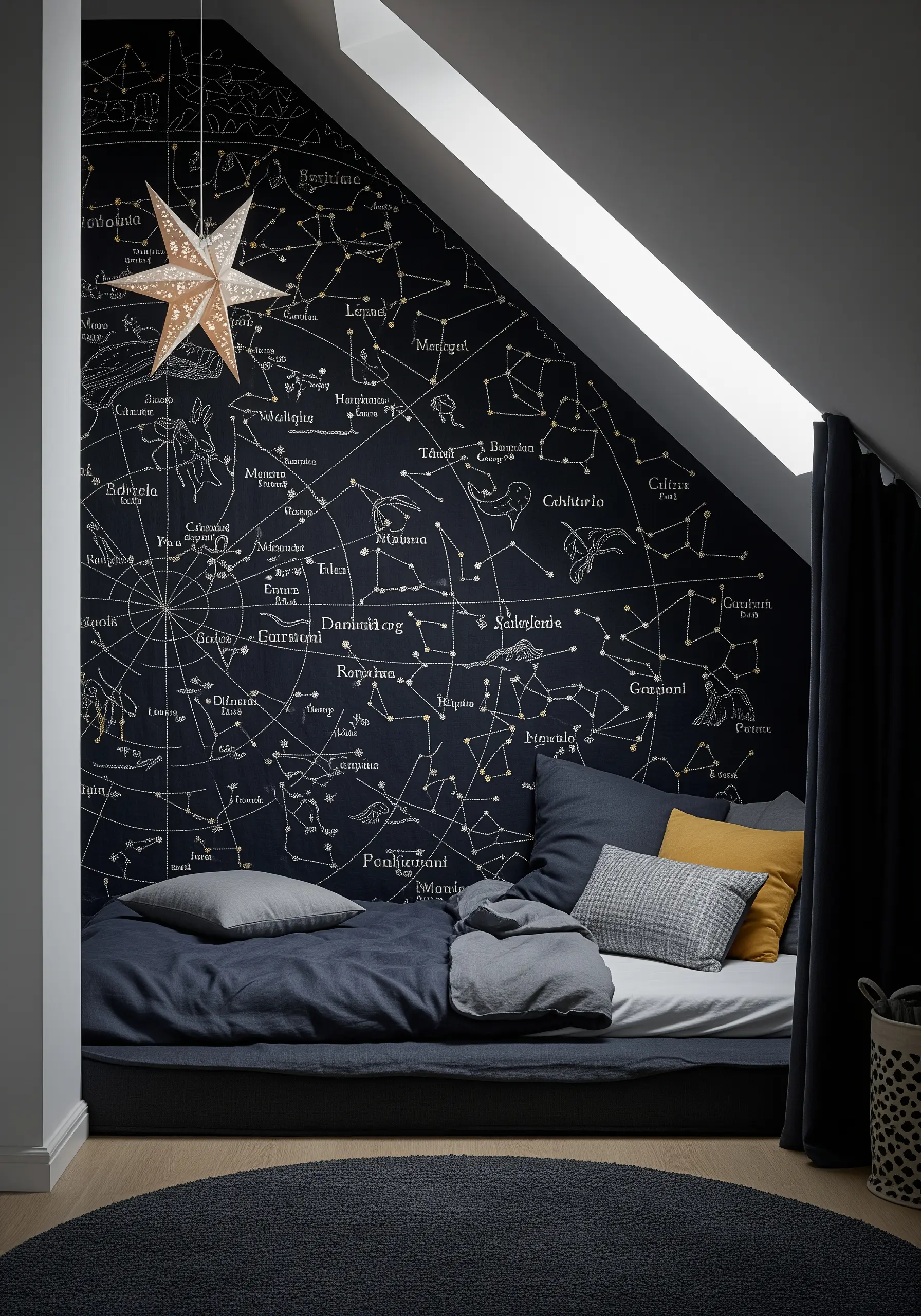 An embroidered constellation map covering a dark wall in a cozy reading nook.