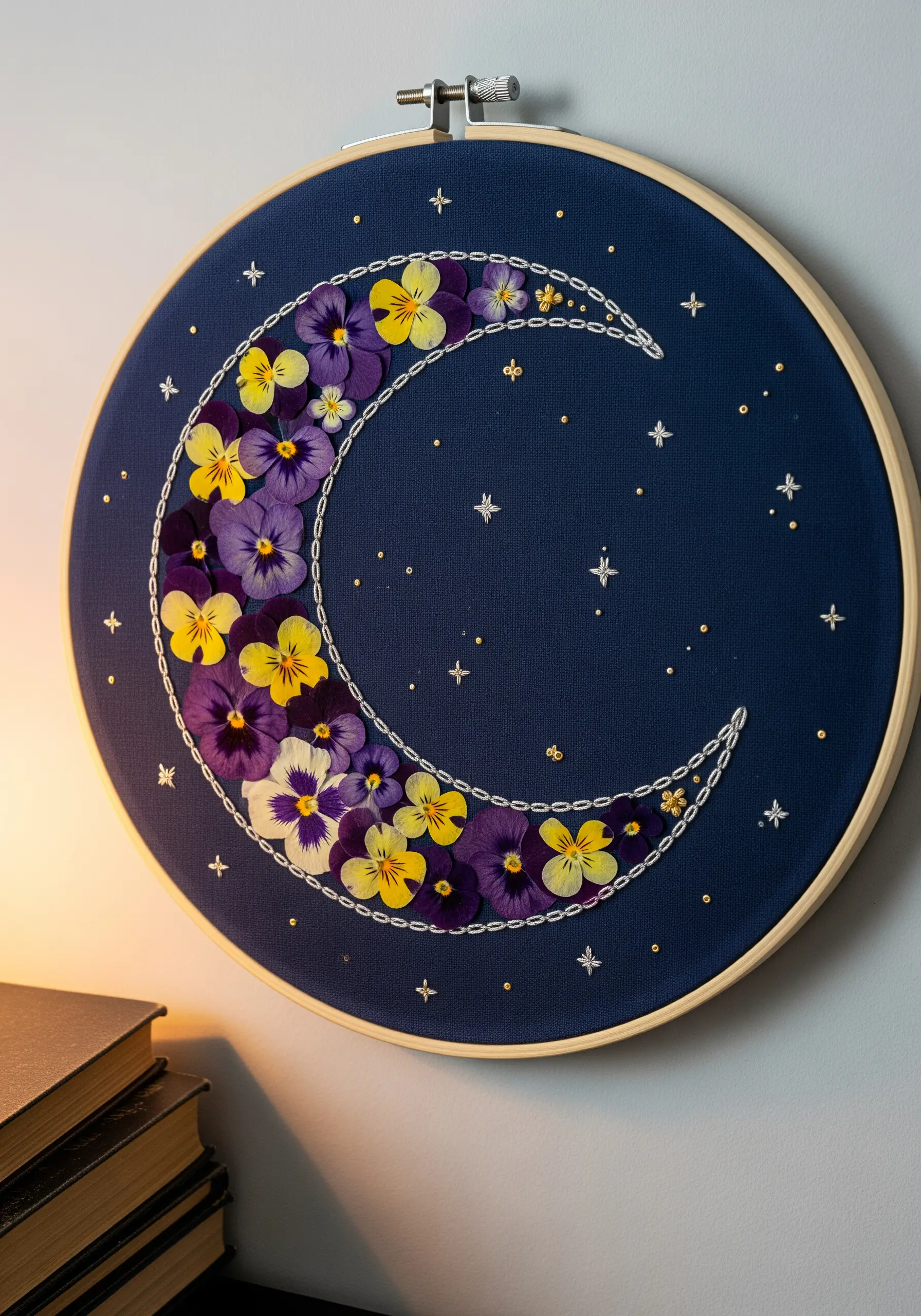 Pressed pansies and violas arranged in a crescent moon shape on dark blue fabric with star stitches.