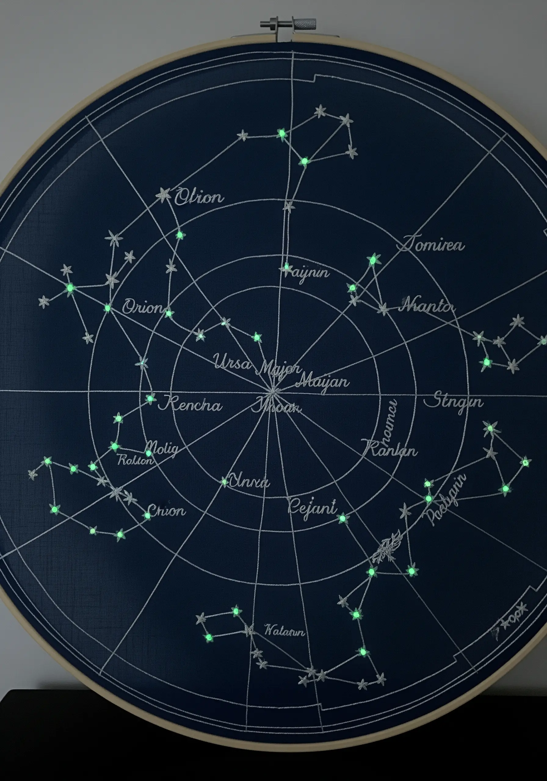 Embroidered star chart on dark blue fabric using glow-in-the-dark thread for the stars.