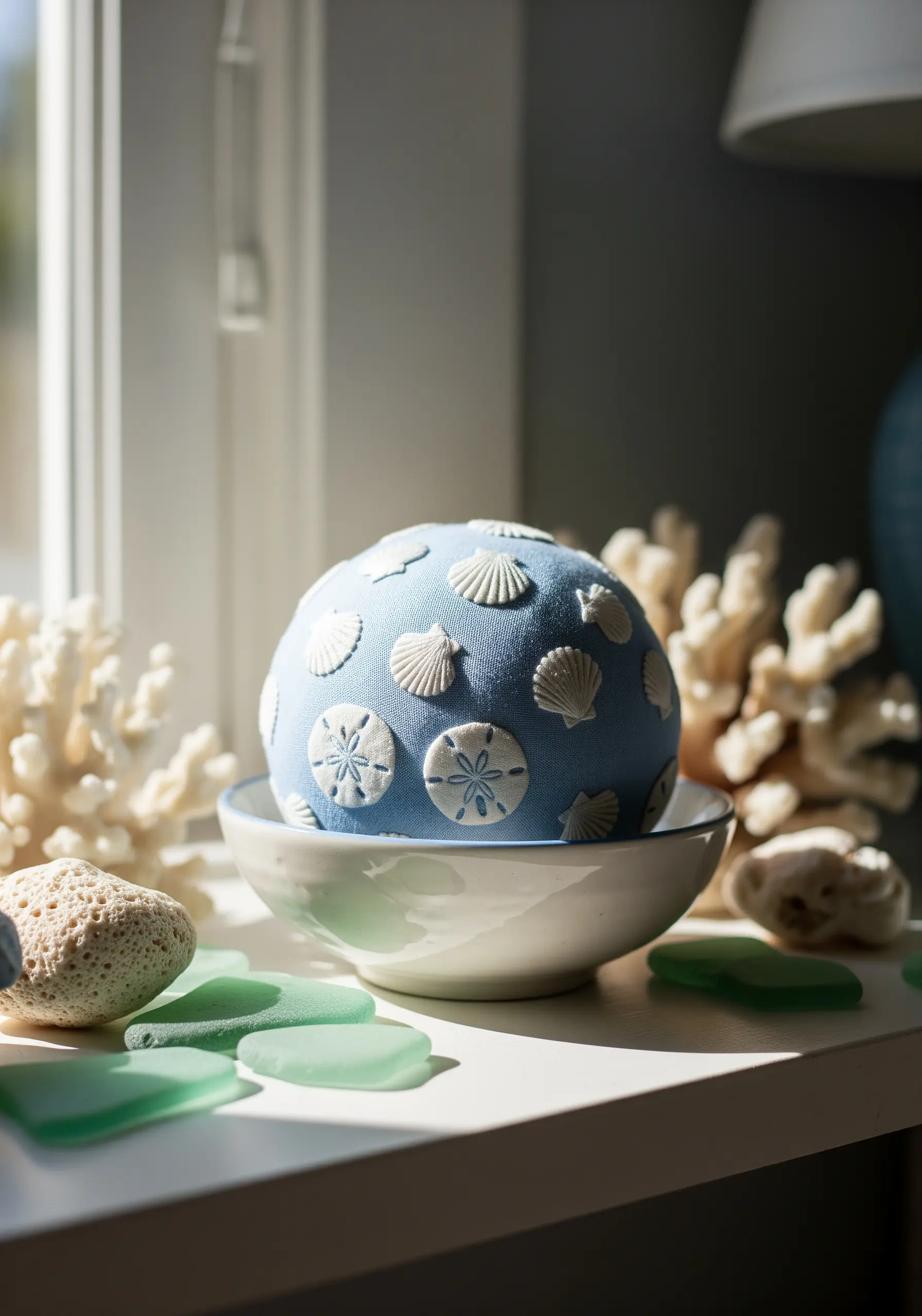 A fabric-covered sphere embroidered with dimensional white seashell and sand dollar motifs.