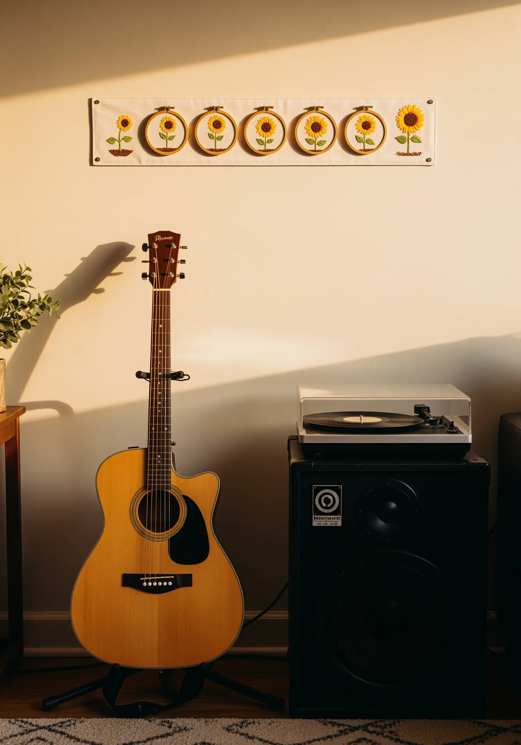 Five small embroidery hoops with sunflower designs mounted in a row on a long, white fabric banner.