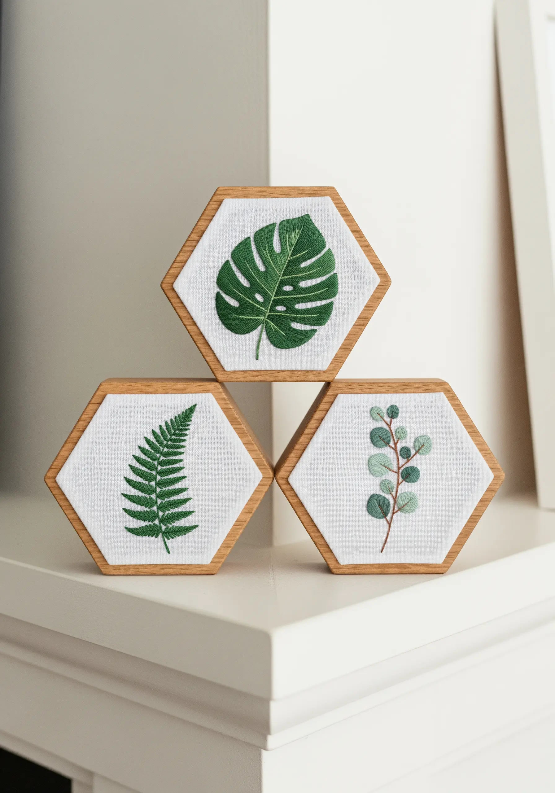 Three hexagonal wooden frames displaying realistic embroidered leaves: monstera, fern, and eucalyptus.