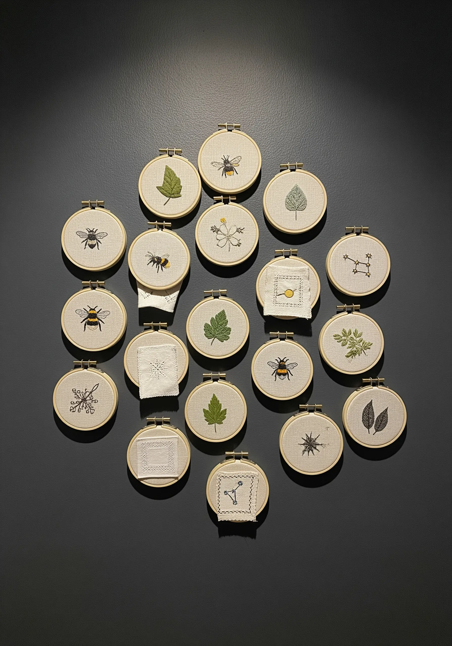 A gallery wall of small embroidery hoops, each featuring a simple stitched bee or leaf.