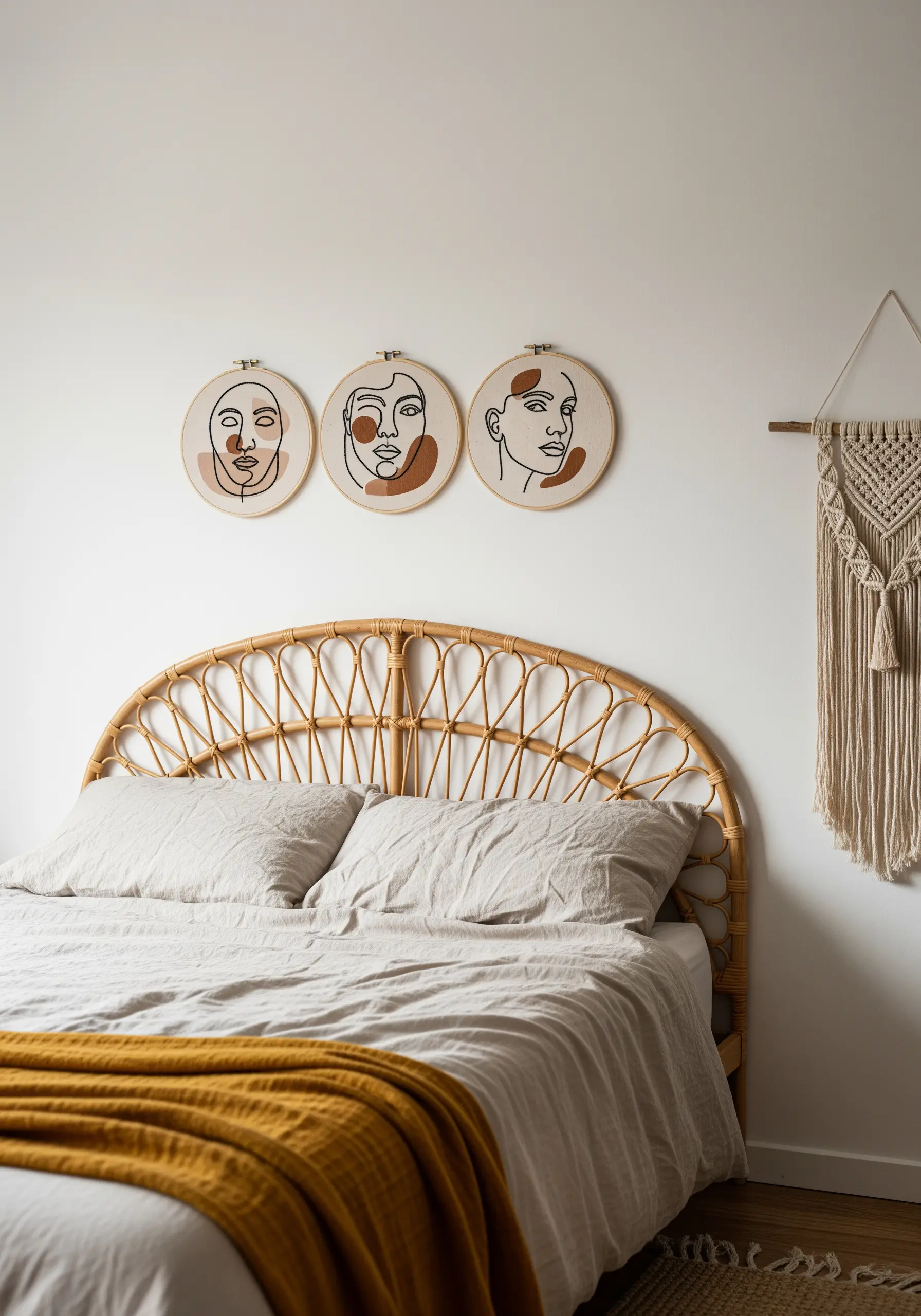 A trio of embroidered hoops with line art faces and abstract terracotta color blocks.