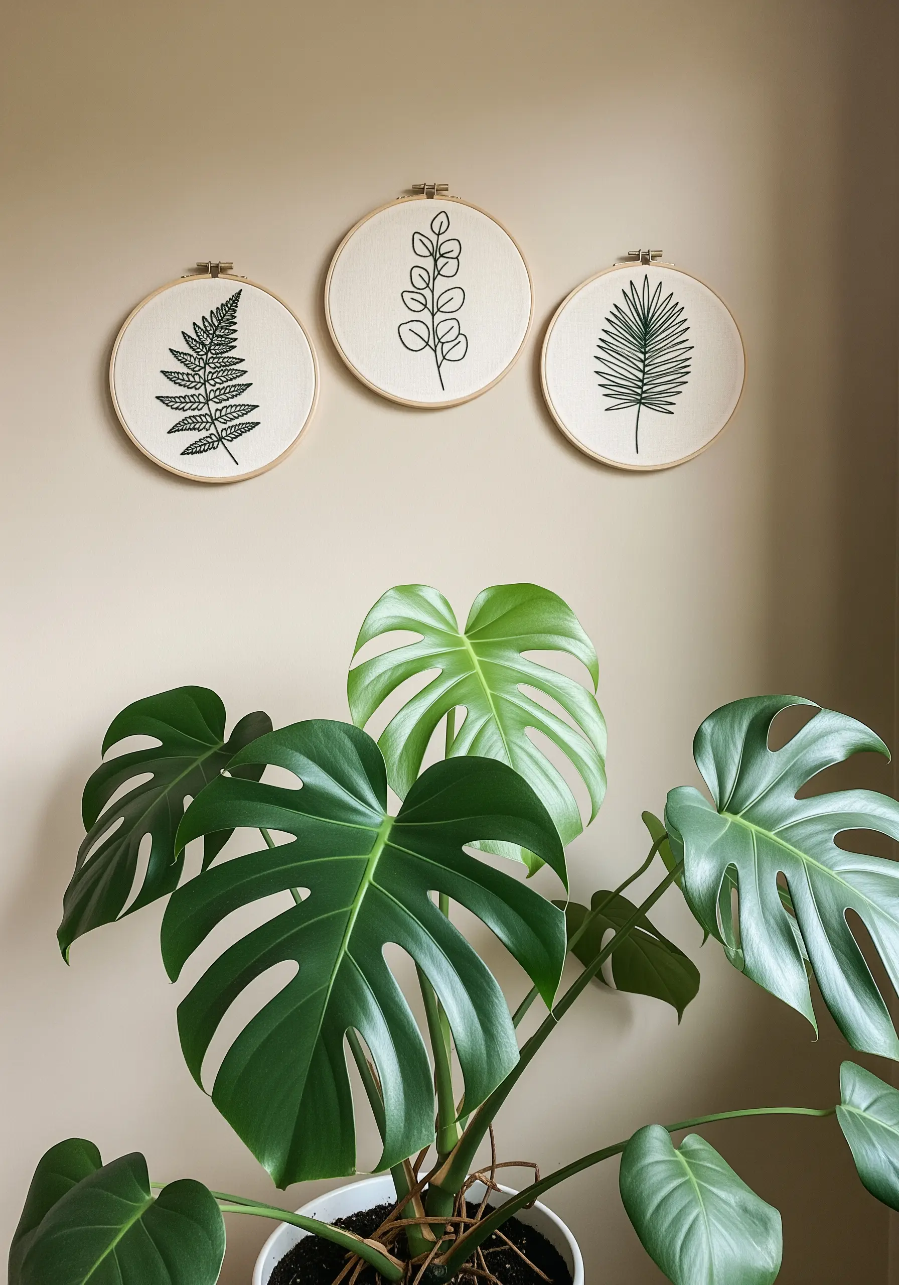 A triptych of three embroidered leaf outlines hanging above a monstera plant.
