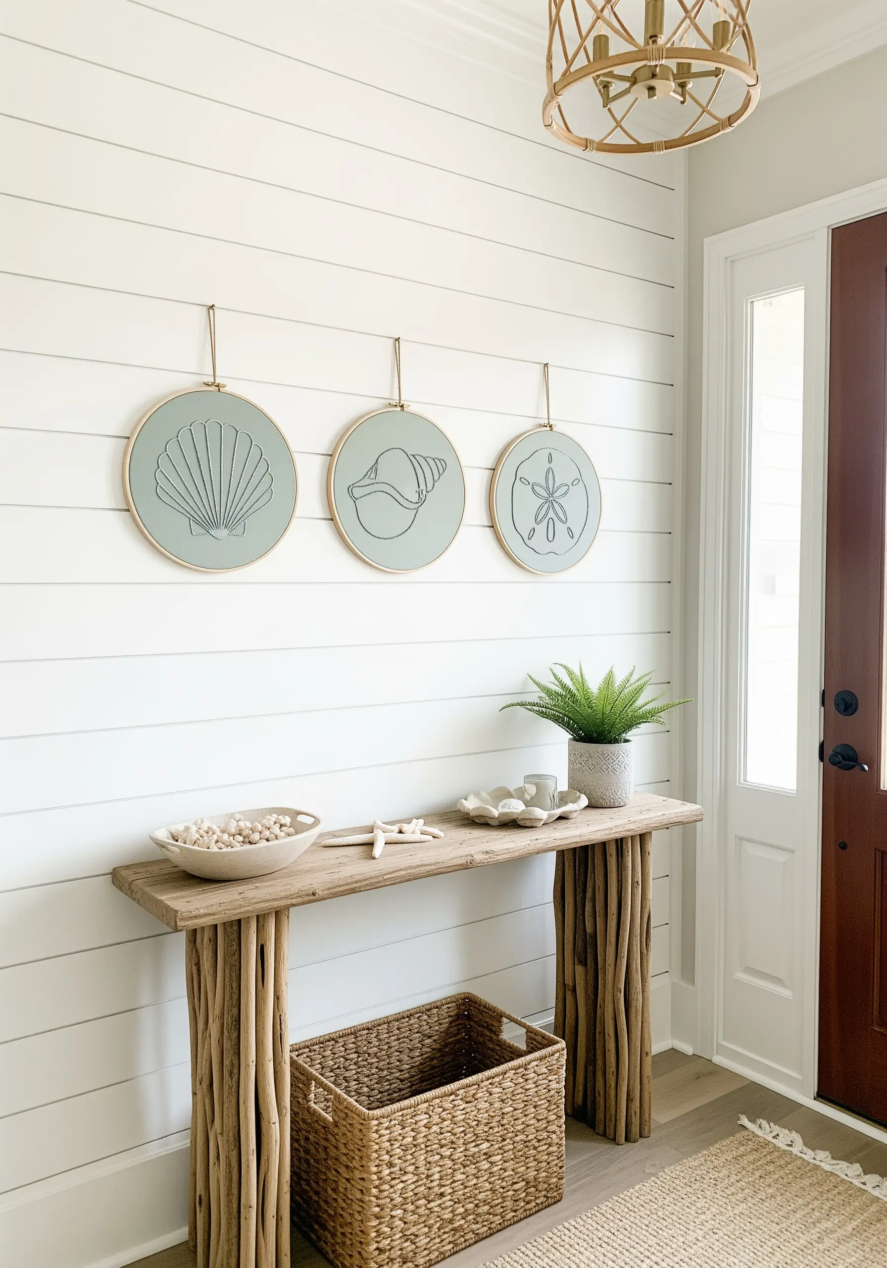 Triptych of seashell embroidery hoops with white thread on sage green fabric.