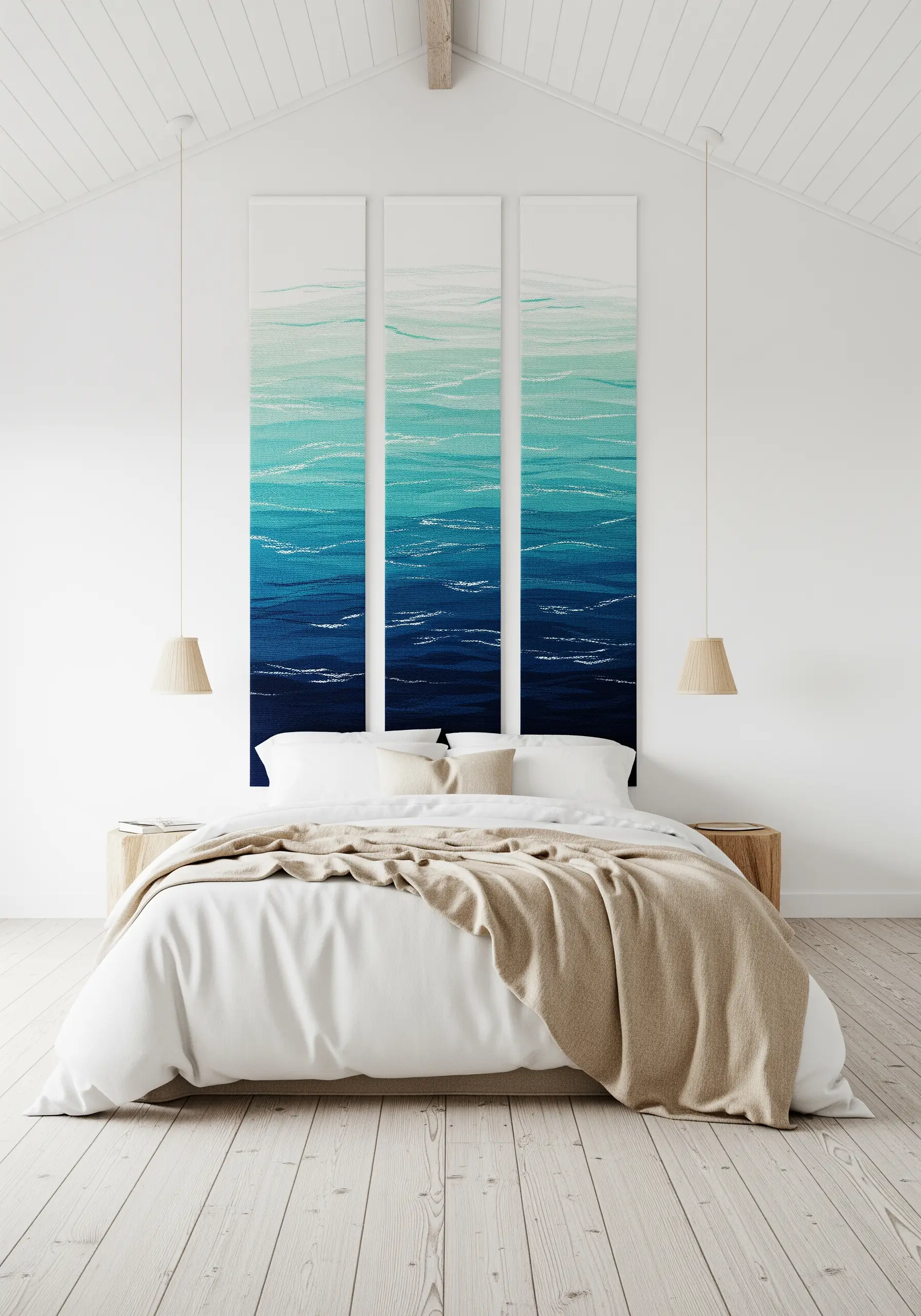 A triptych of three embroidered panels above a bed, showing a continuous blue-to-white ocean gradient.
