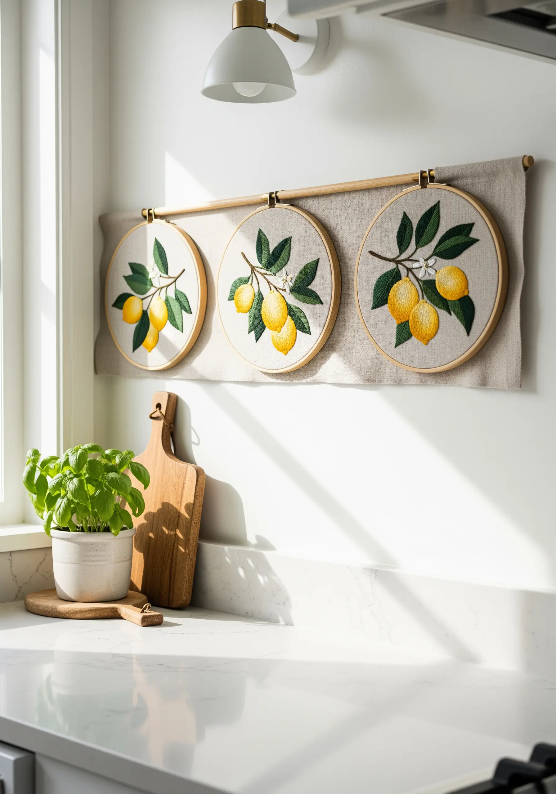 Three embroidery hoops with lemon branches hanging on a single fabric banner over a kitchen counter.