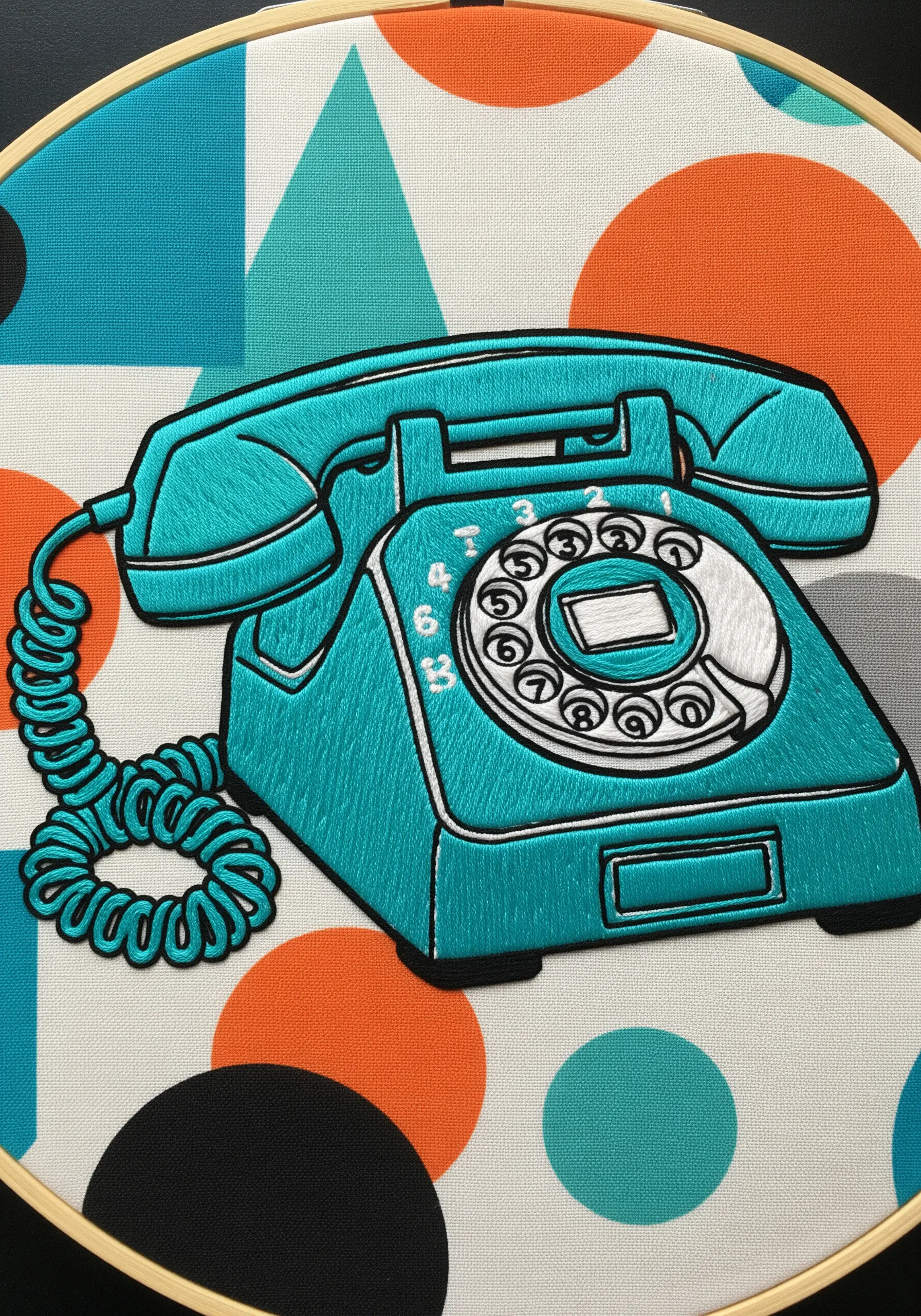 A retro turquoise rotary phone with a 3D coiled cord made from whipped stem stitch.