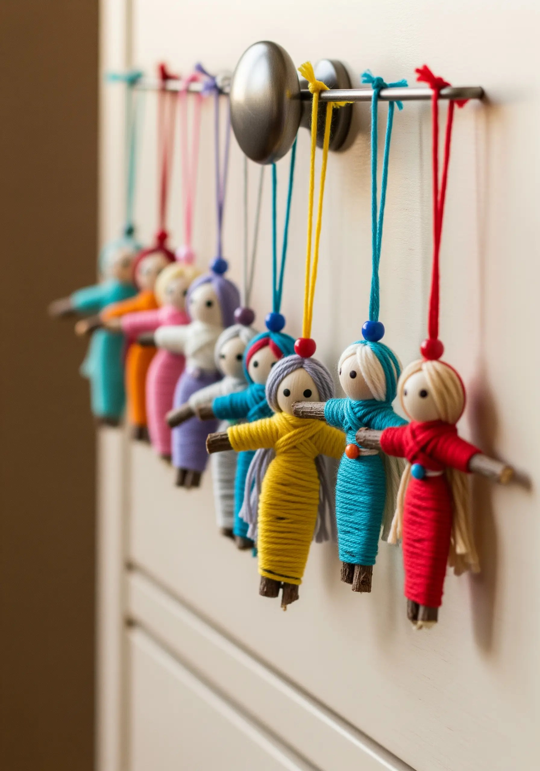 A line of colorful handmade worry dolls hanging from a cabinet handle.