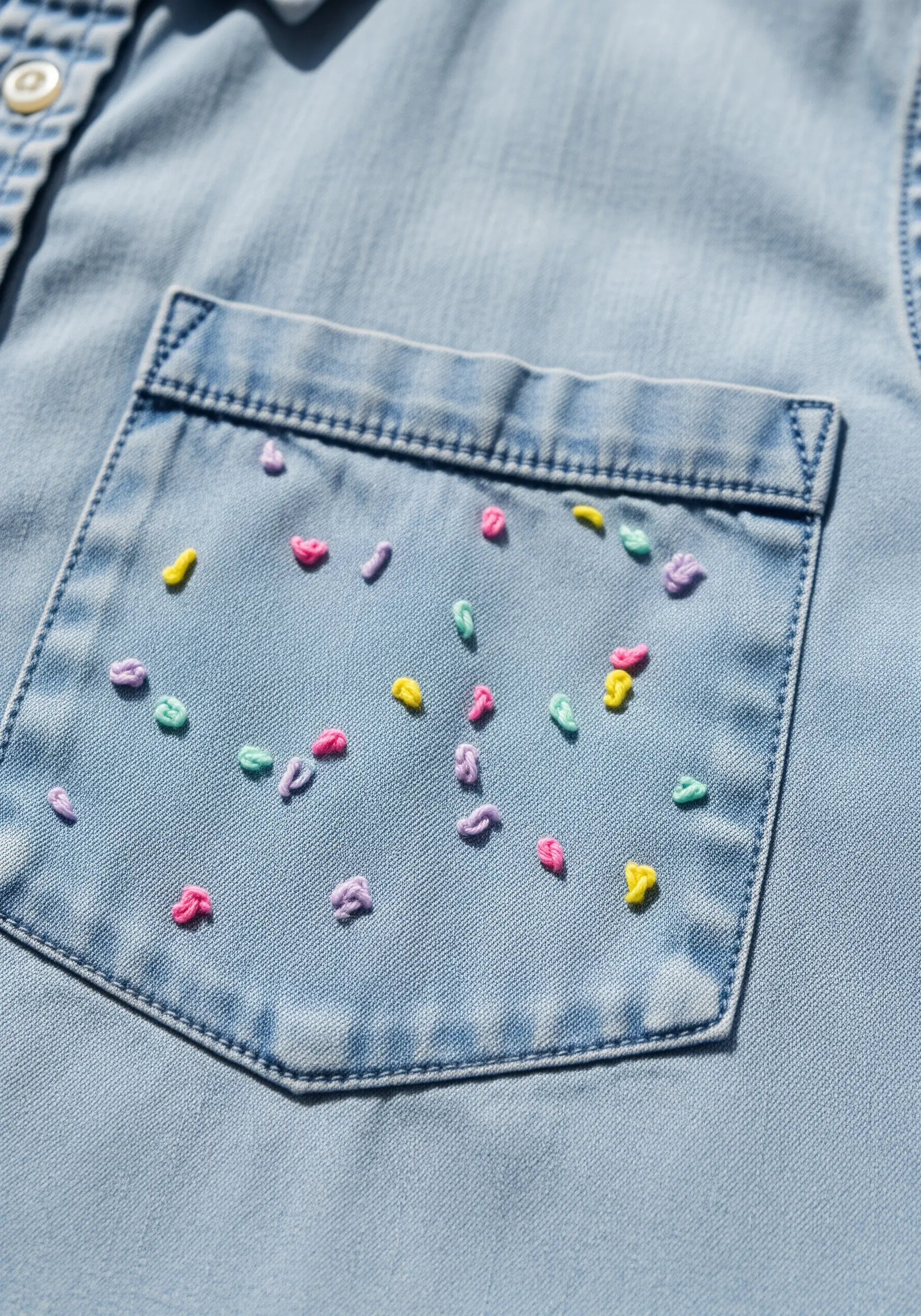 Pastel-colored French knots scattered like confetti across the pocket of a denim shirt.