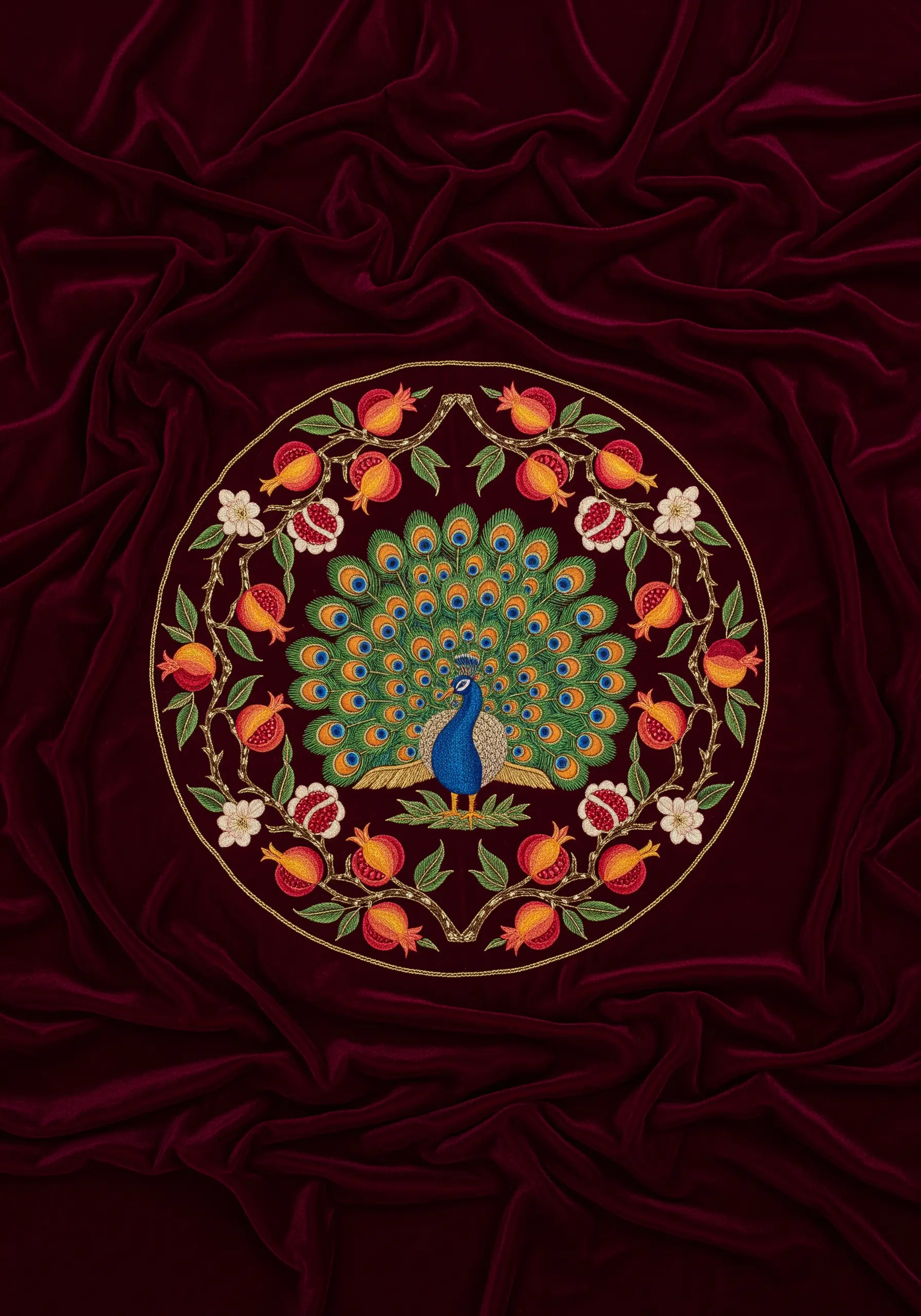 A peacock with its tail fanned out, enclosed in a circular embroidered frame of pomegranates.
