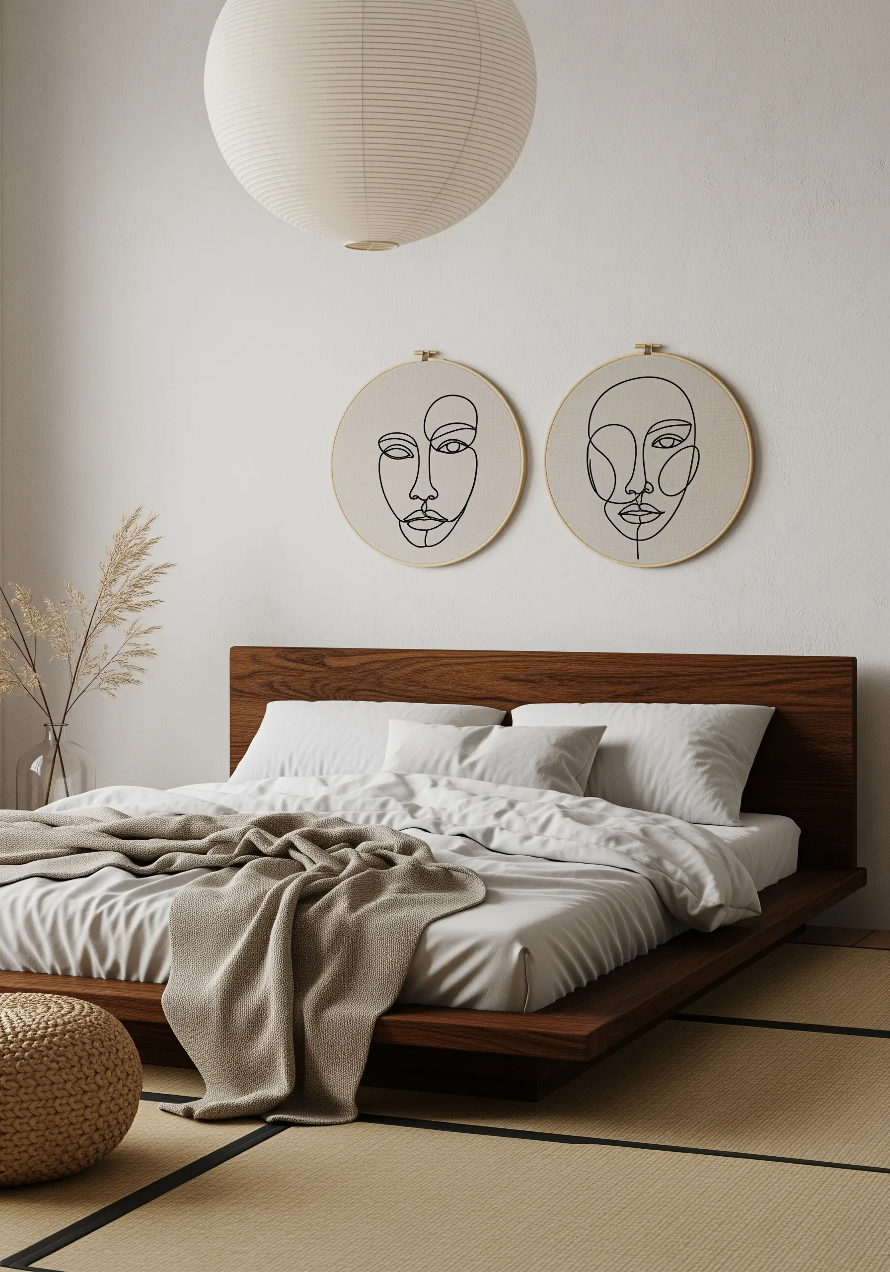 Two embroidery hoops featuring abstract, single-line face profiles hanging above a modern bed.