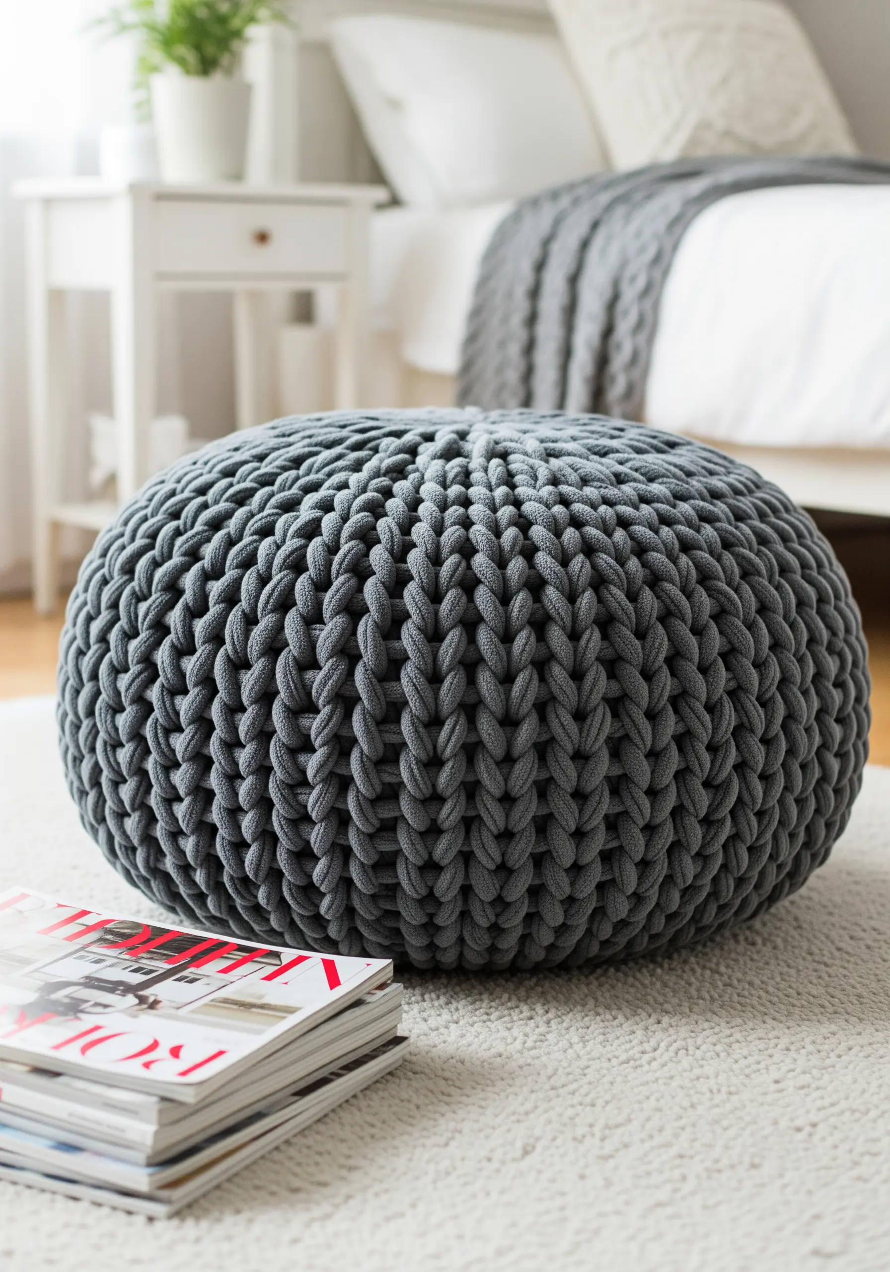 A round, grey knit pouf sitting on a carpeted floor in a cozy bedroom setting.