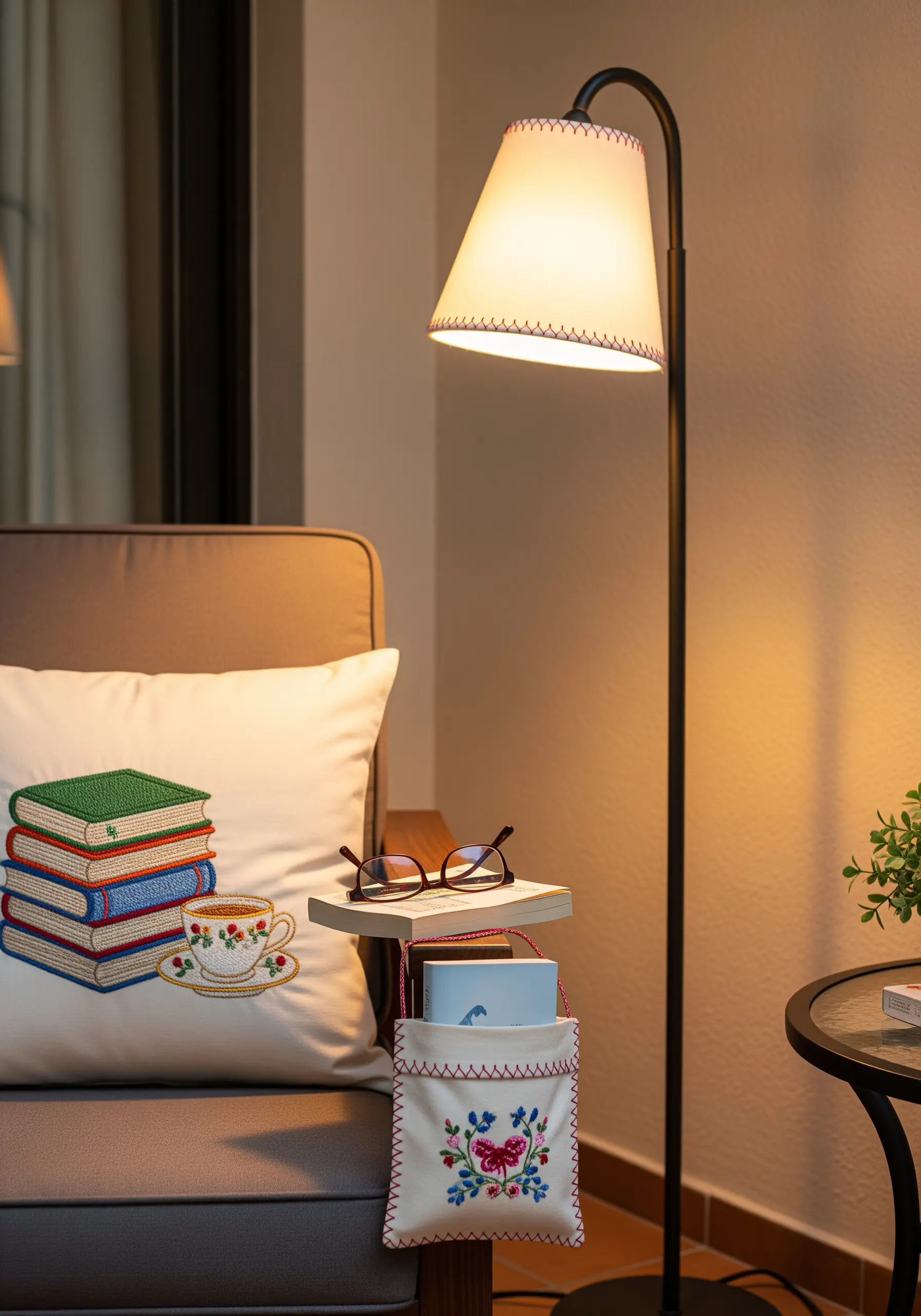 A chair-side caddy embroidered with a stack of books and a teacup, paired with a stitched lampshade.