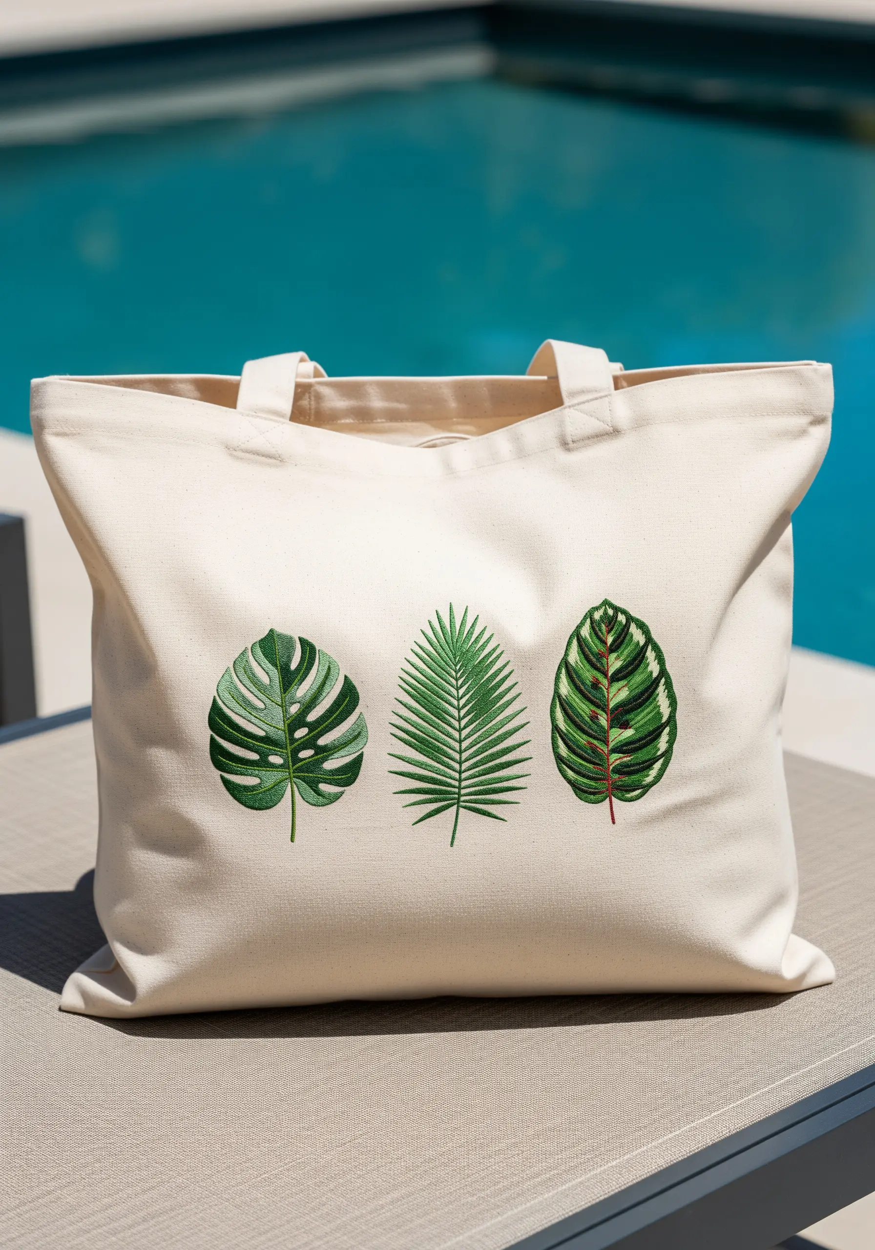 A canvas tote bag featuring three different, realistically embroidered tropical leaves.