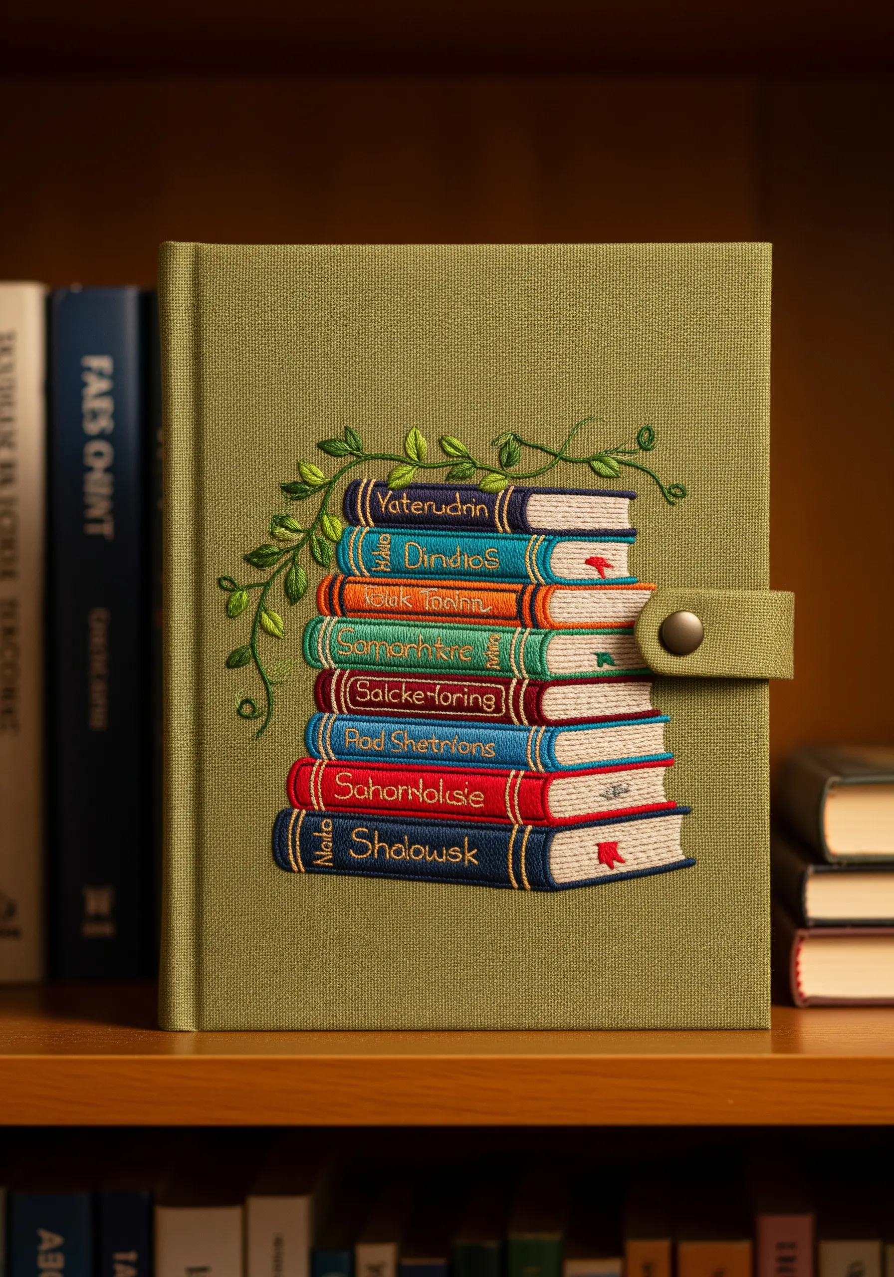 An embroidered stack of books with a climbing vine on the cover of a green fabric journal.