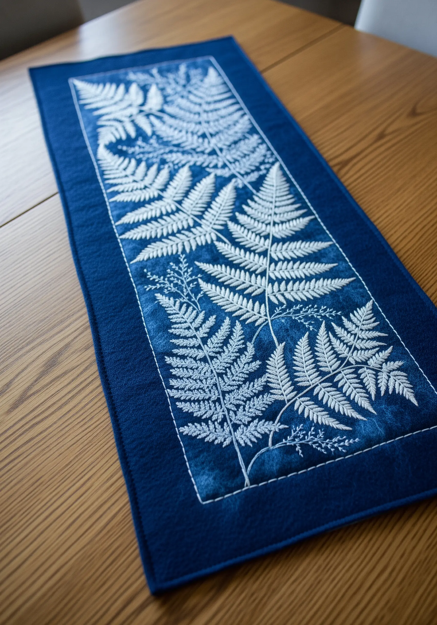 A dark blue table runner with white embroidered ferns in a style resembling a cyanotype print.