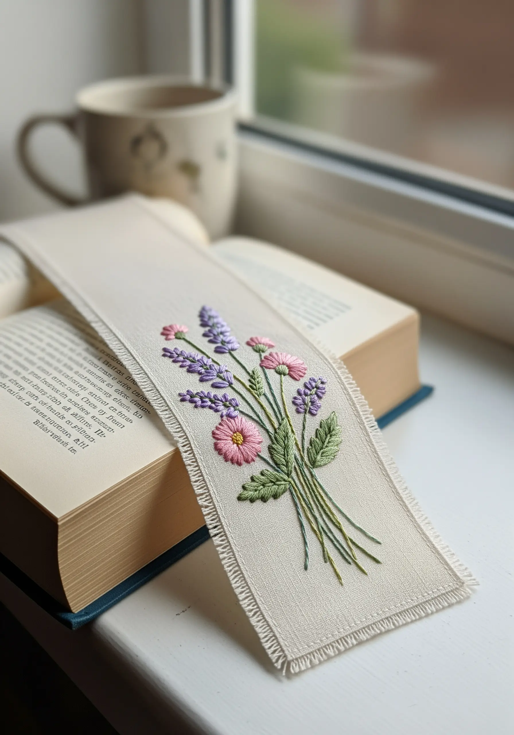 Hand-embroidered floral bouquet on a linen bookmark resting on an open book.