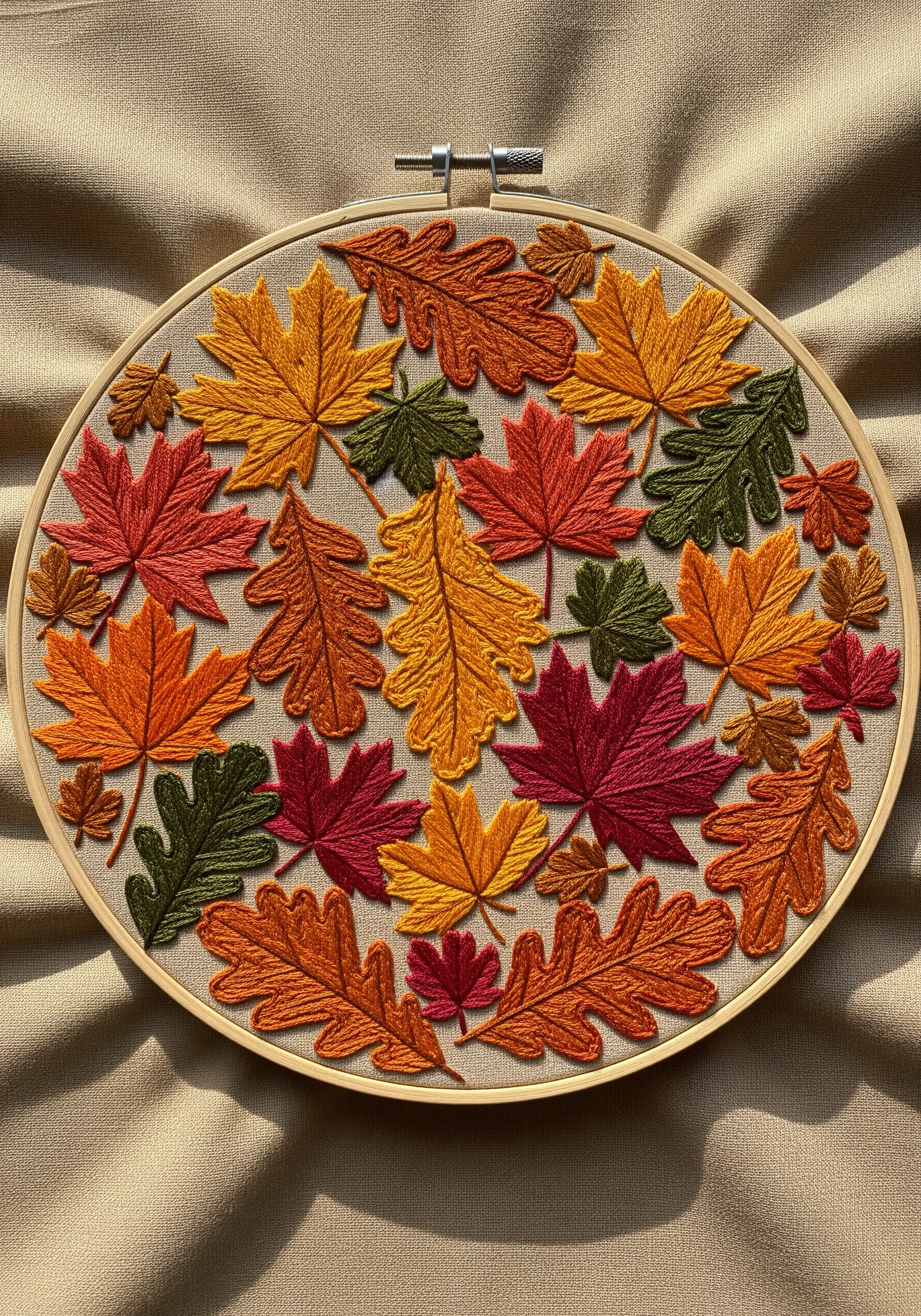 Embroidery hoop filled with overlapping autumn leaves in satin stitch