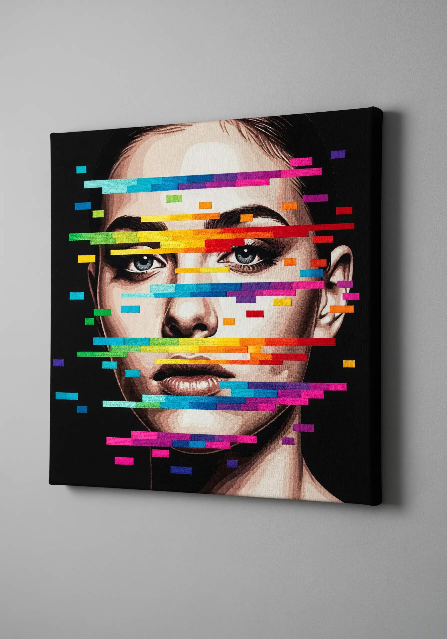 Embroidered portrait with colorful, horizontal glitch-like bars fragmenting the face.