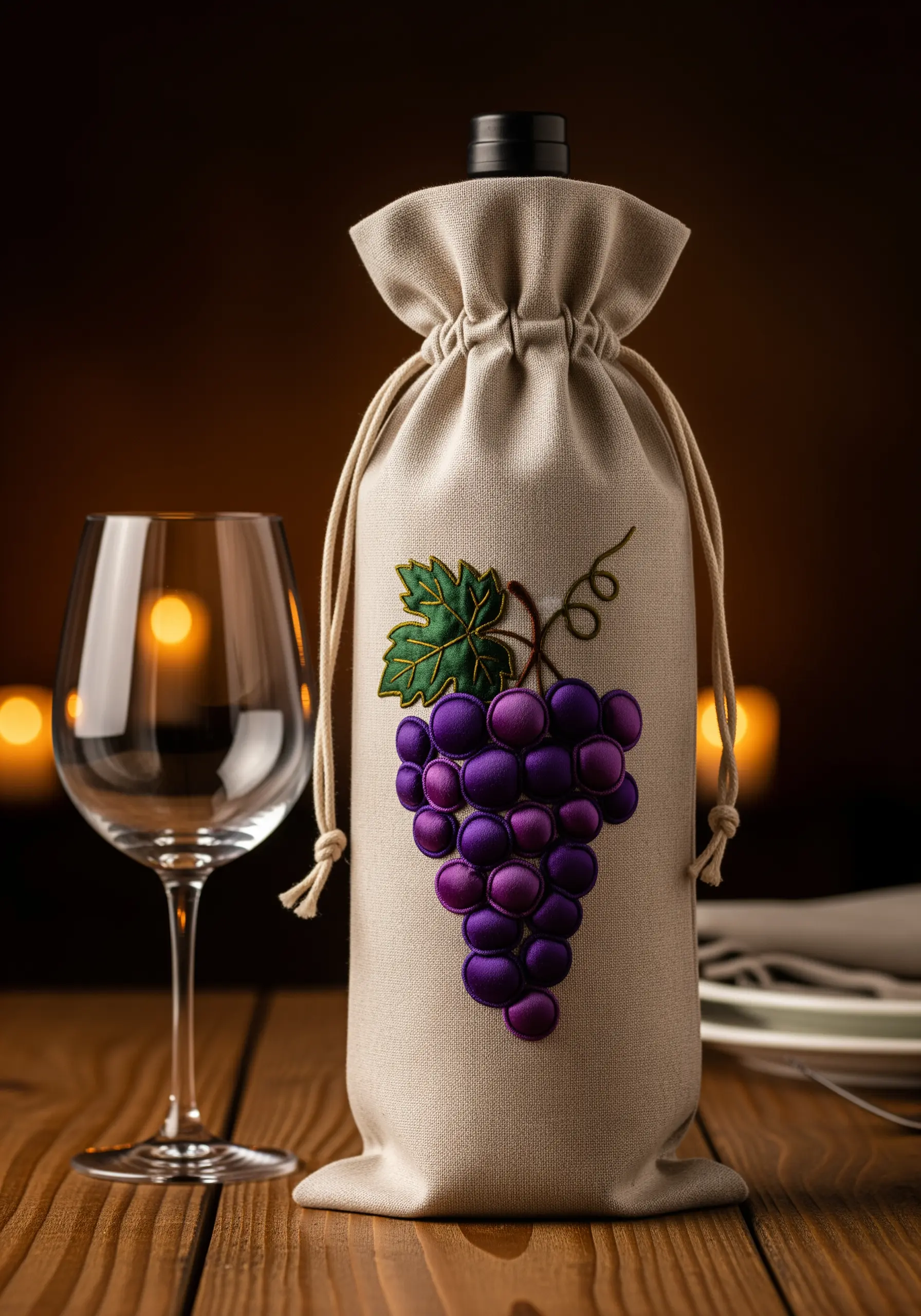 A linen drawstring wine bag with a large, 3D embroidered bunch of purple grapes and a green leaf.
