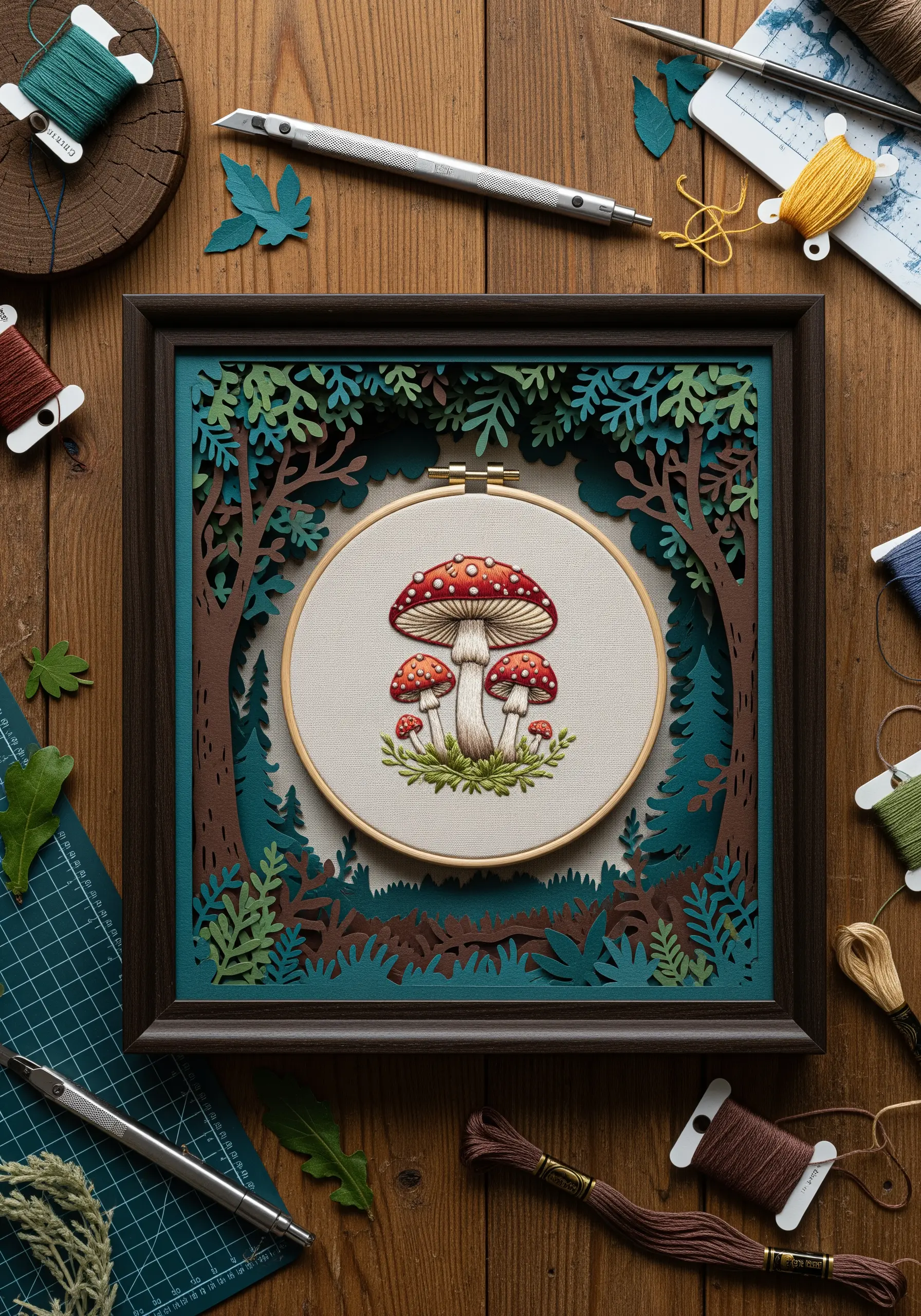 Embroidered mushroom hoop framed by layered paper-cut forest scene.