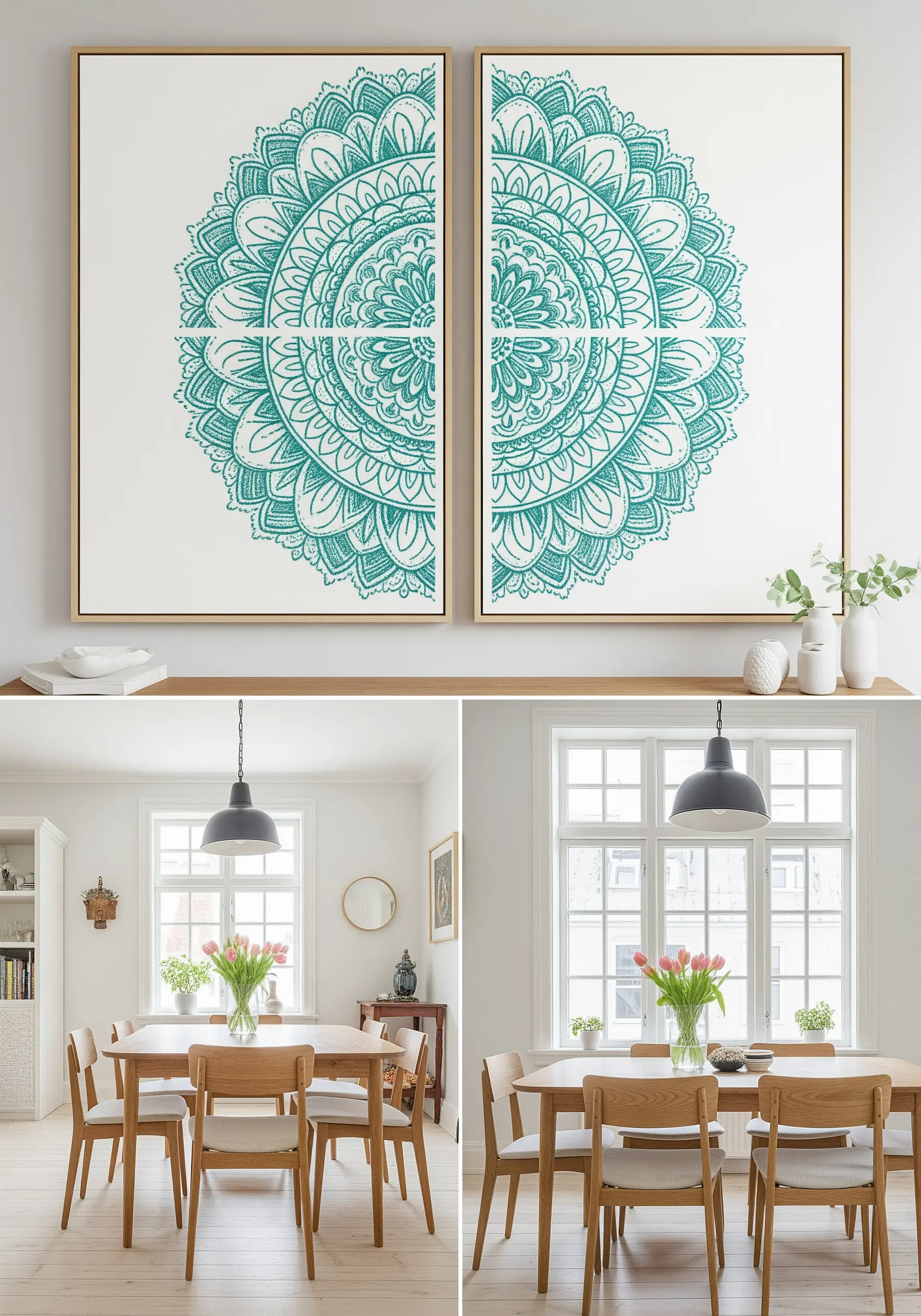 A large teal mandala design split across two vertical frames, hanging over a dining table.