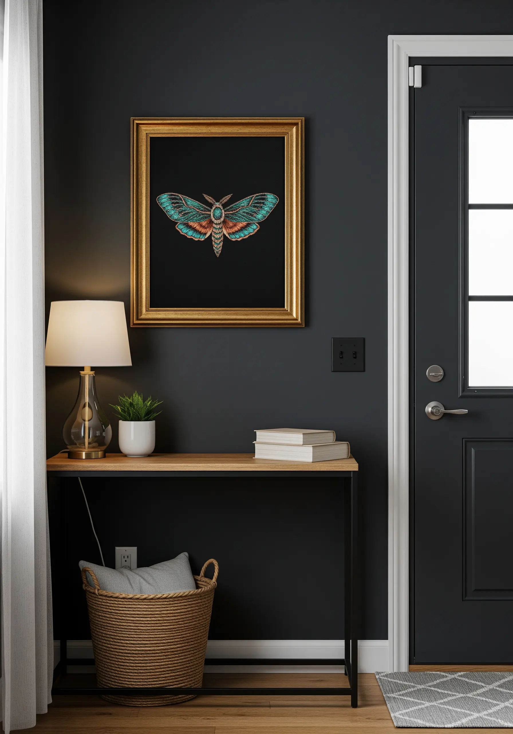 An intricately embroidered moth with metallic threads in a gold frame on a dark wall.