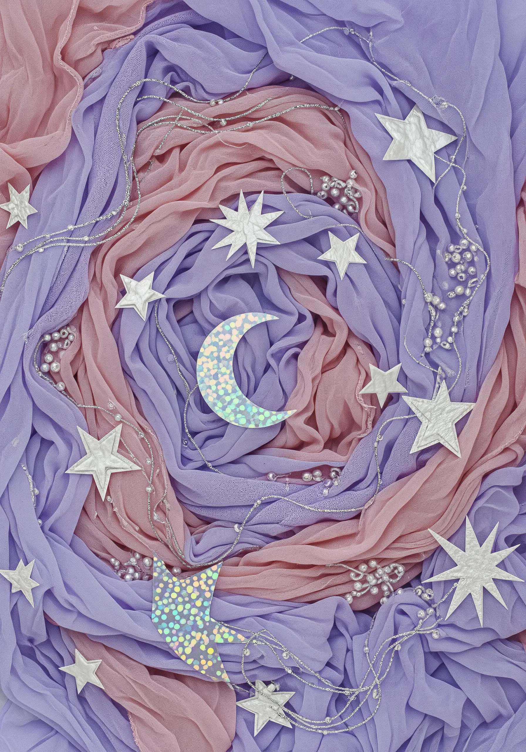 Draped pink and purple chiffon create a celestial dreamscape with paper stars and beads