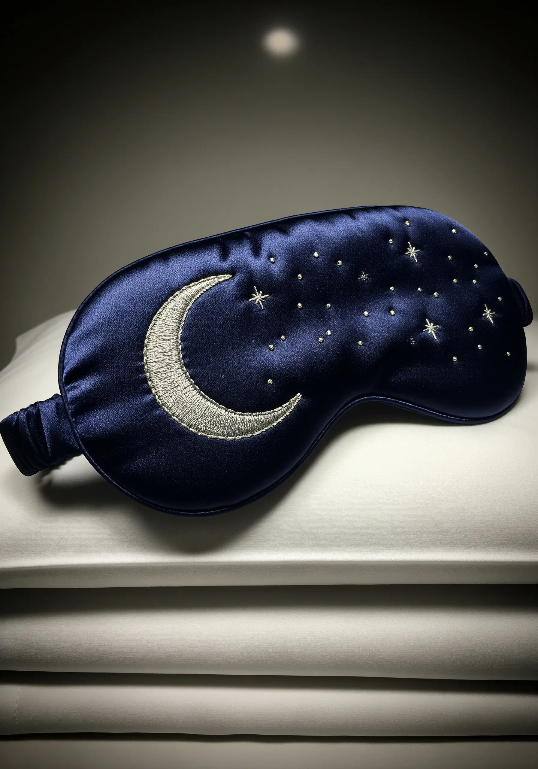 A navy blue satin sleep mask embroidered with a silver crescent moon and shimmering stars.