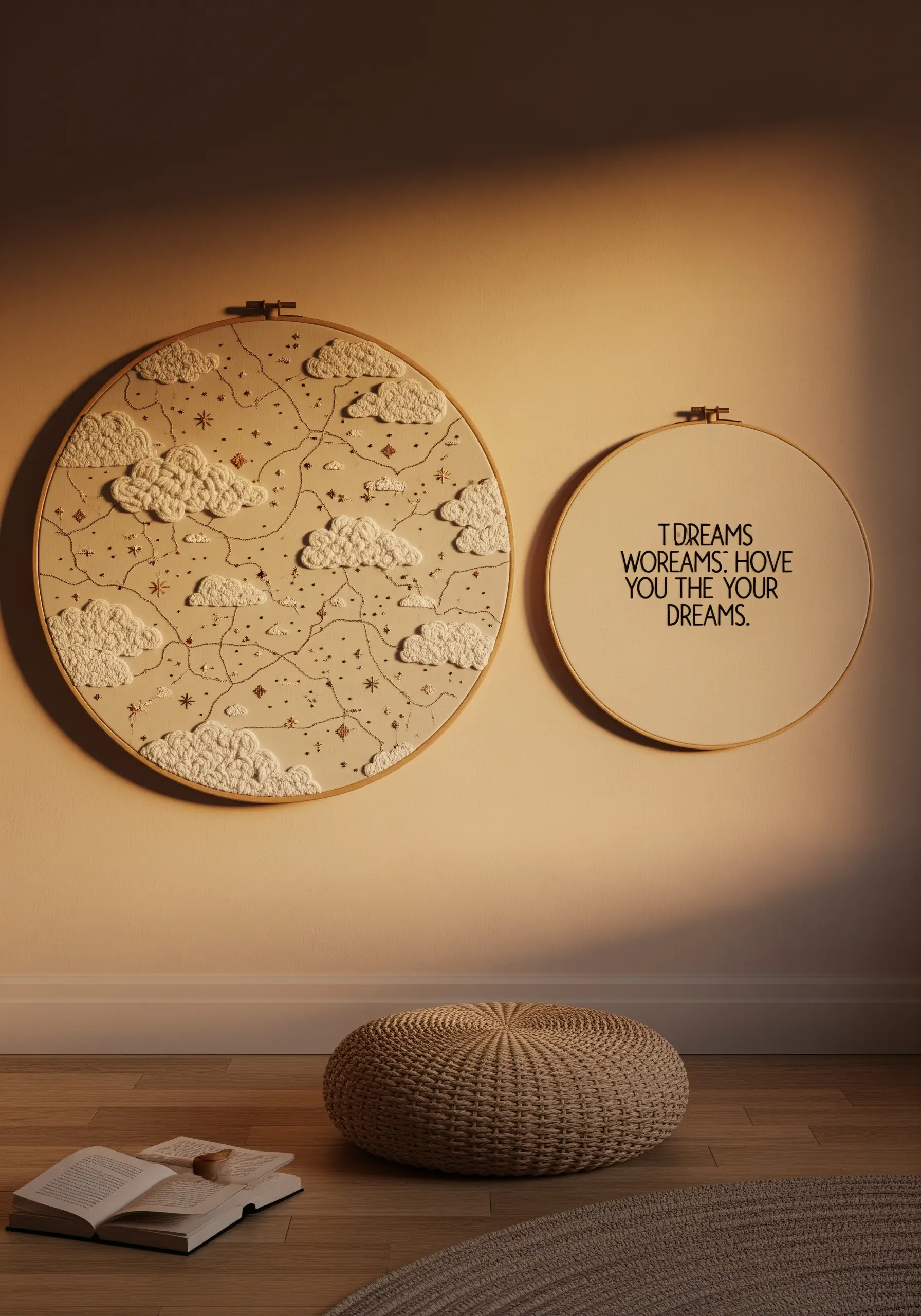 A large embroidery hoop with textured clouds and a smaller hoop with a modern quote