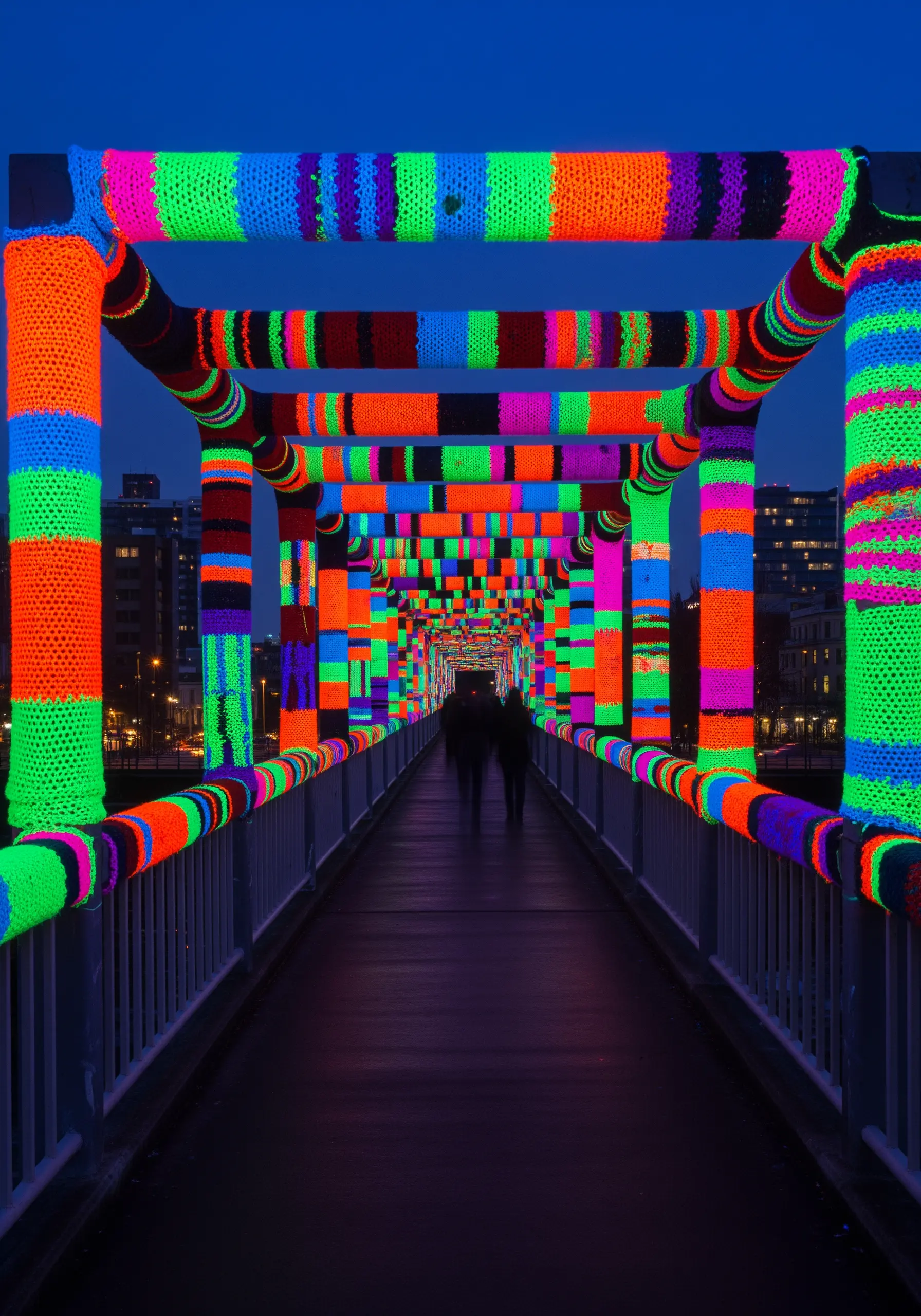 A bridge covered in neon-colored knitted patterns, glowing vividly at night