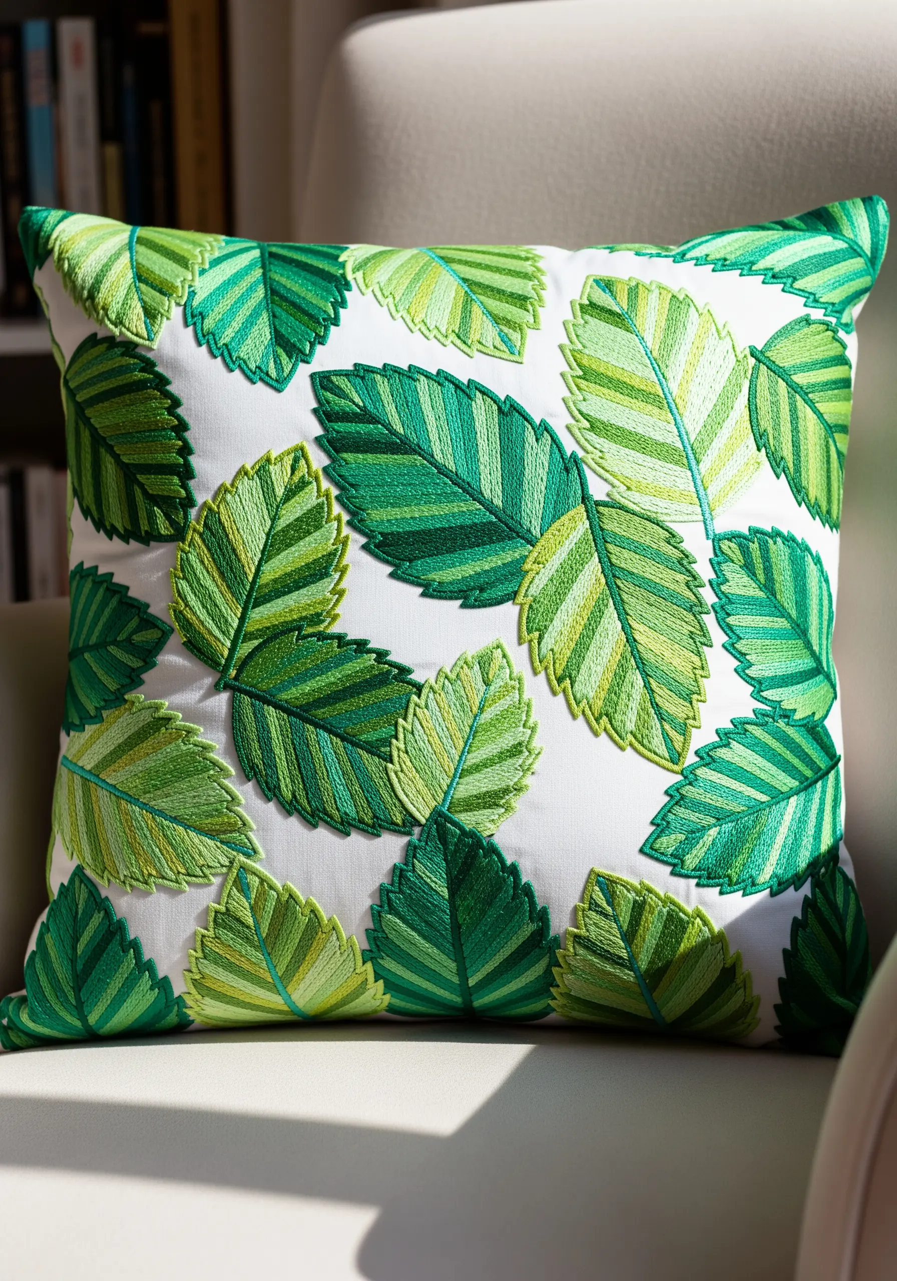 A white pillow covered in a dense pattern of embroidered mint leaves in various shades of green.