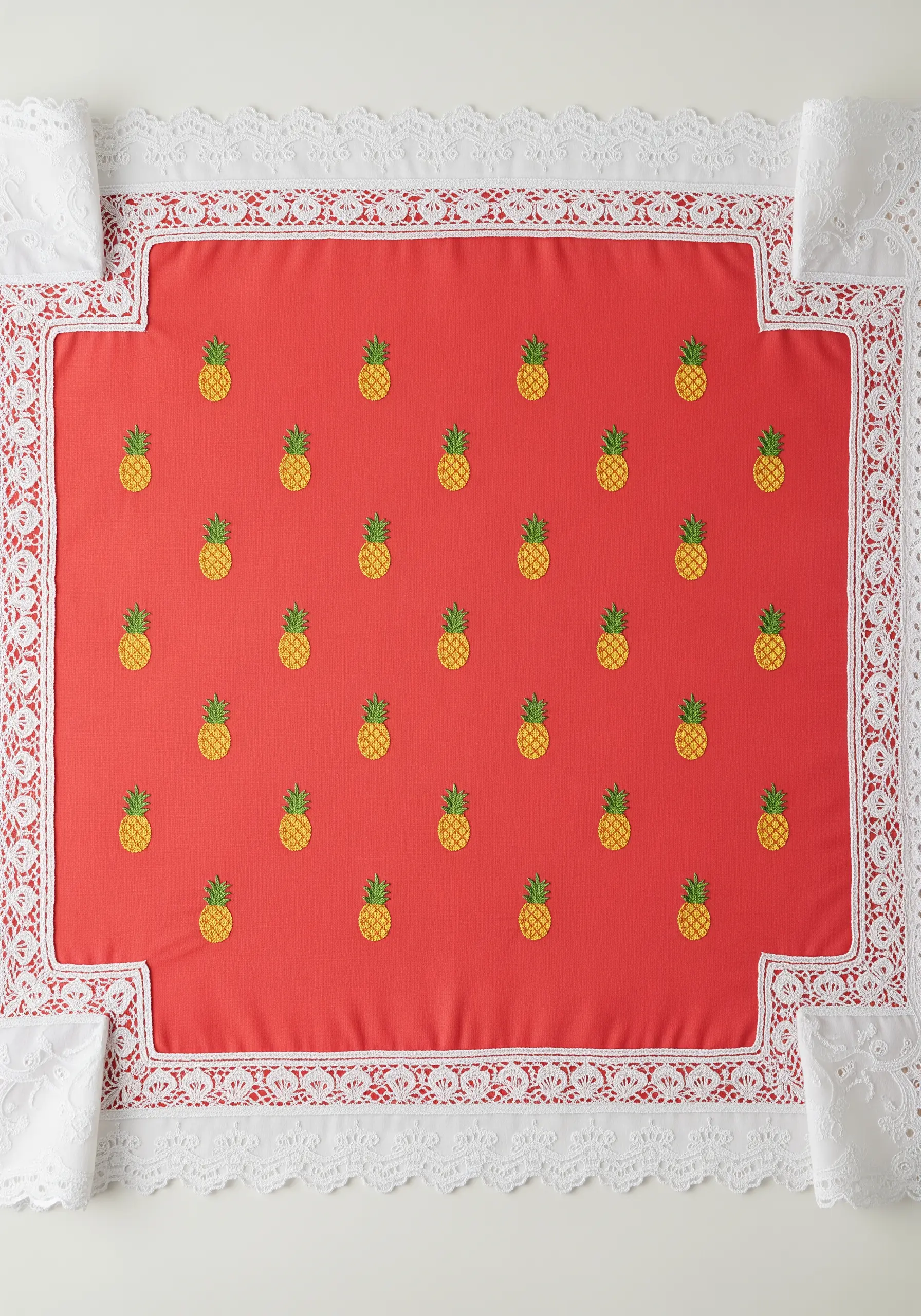 A repeating pattern of small embroidered pineapples on a red placemat with white lace.