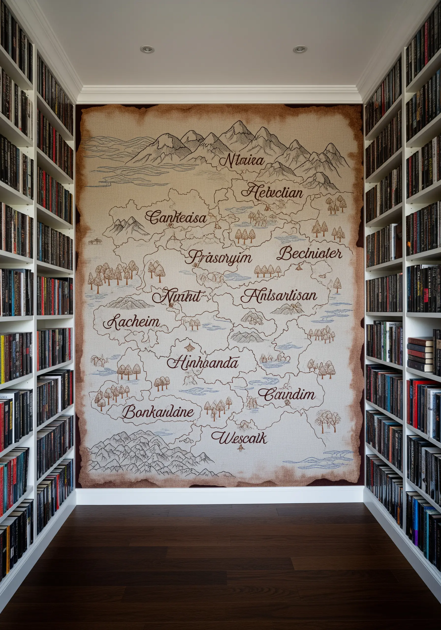 A large, embroidered fantasy map on aged-looking fabric, flanked by two tall bookshelves