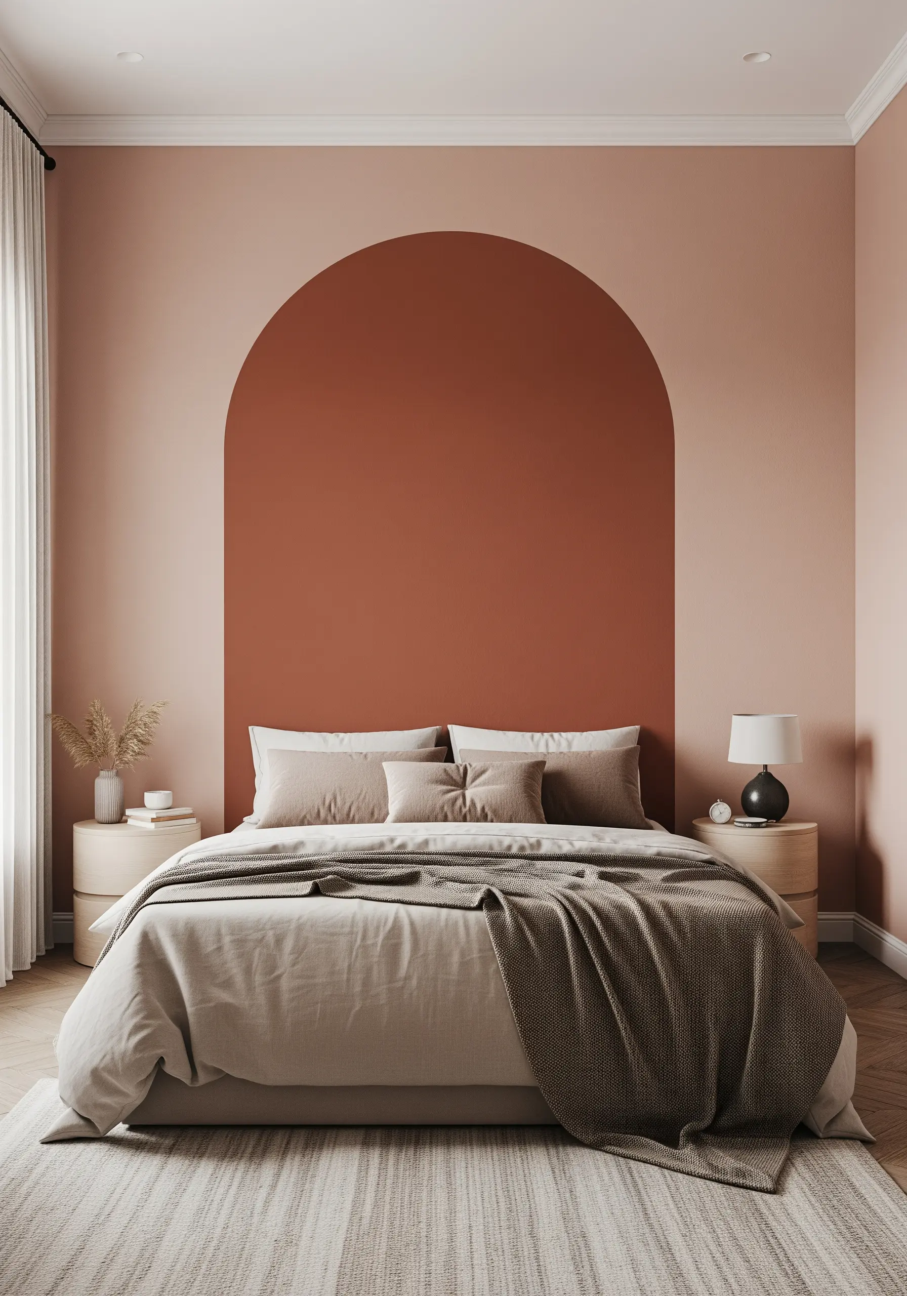 A bed positioned against a wall with a large, painted arch in a warm terracotta color.