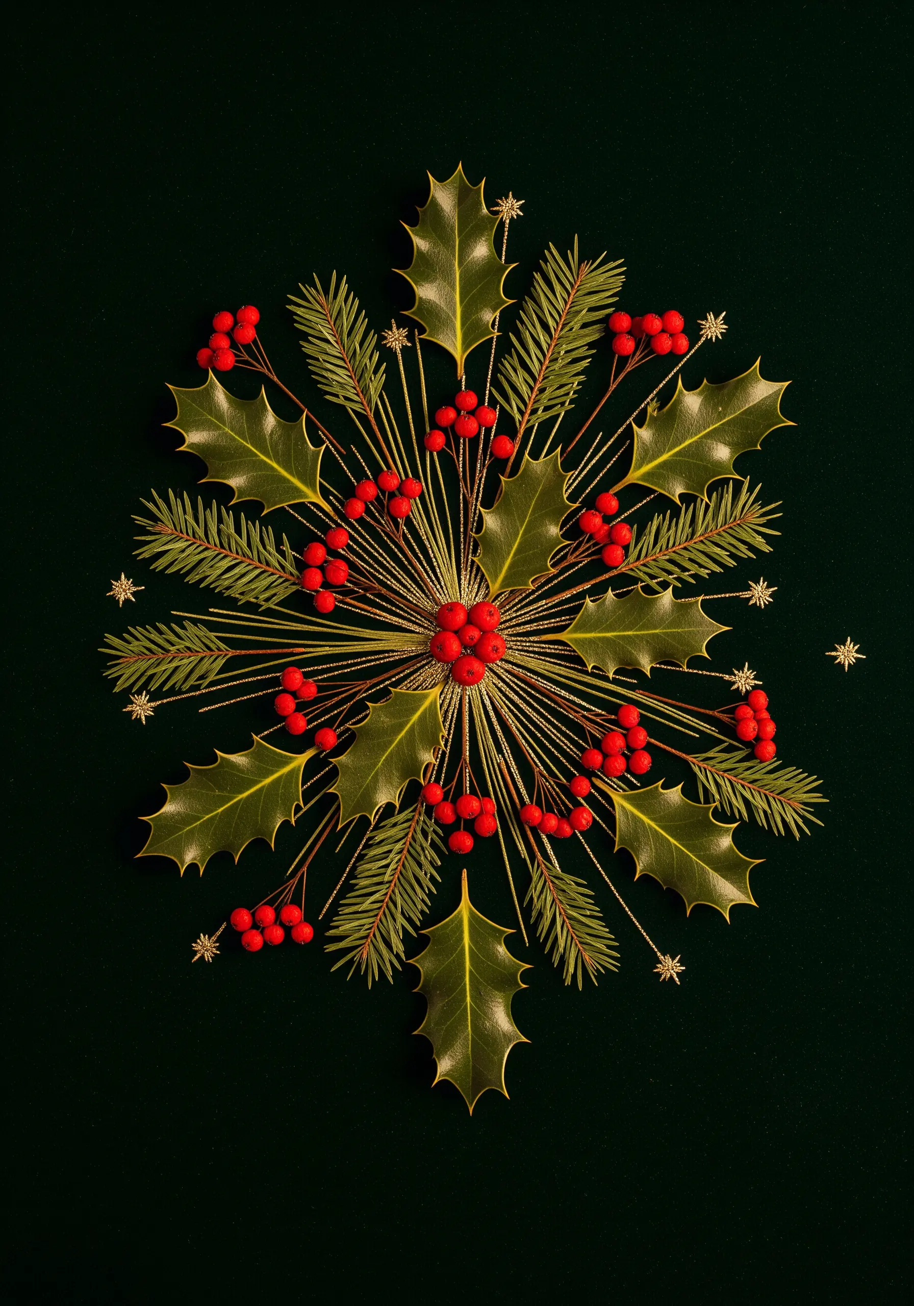 A starburst arrangement of pressed holly, fir needles, and red berries on a dark background.