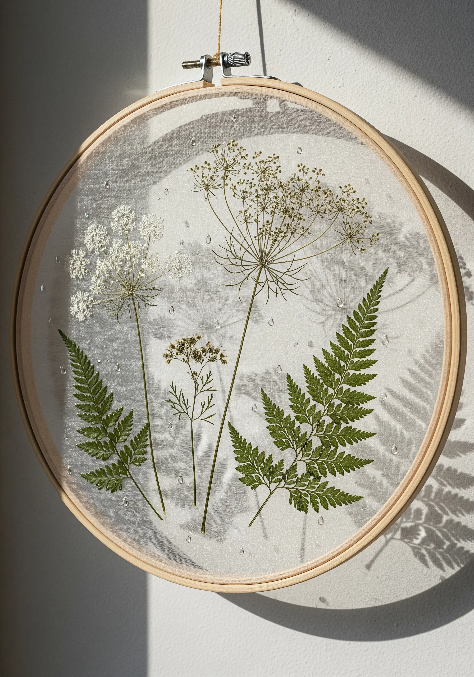 Pressed Queen Anne's lace and ferns arranged on sheer fabric in an embroidery hoop.