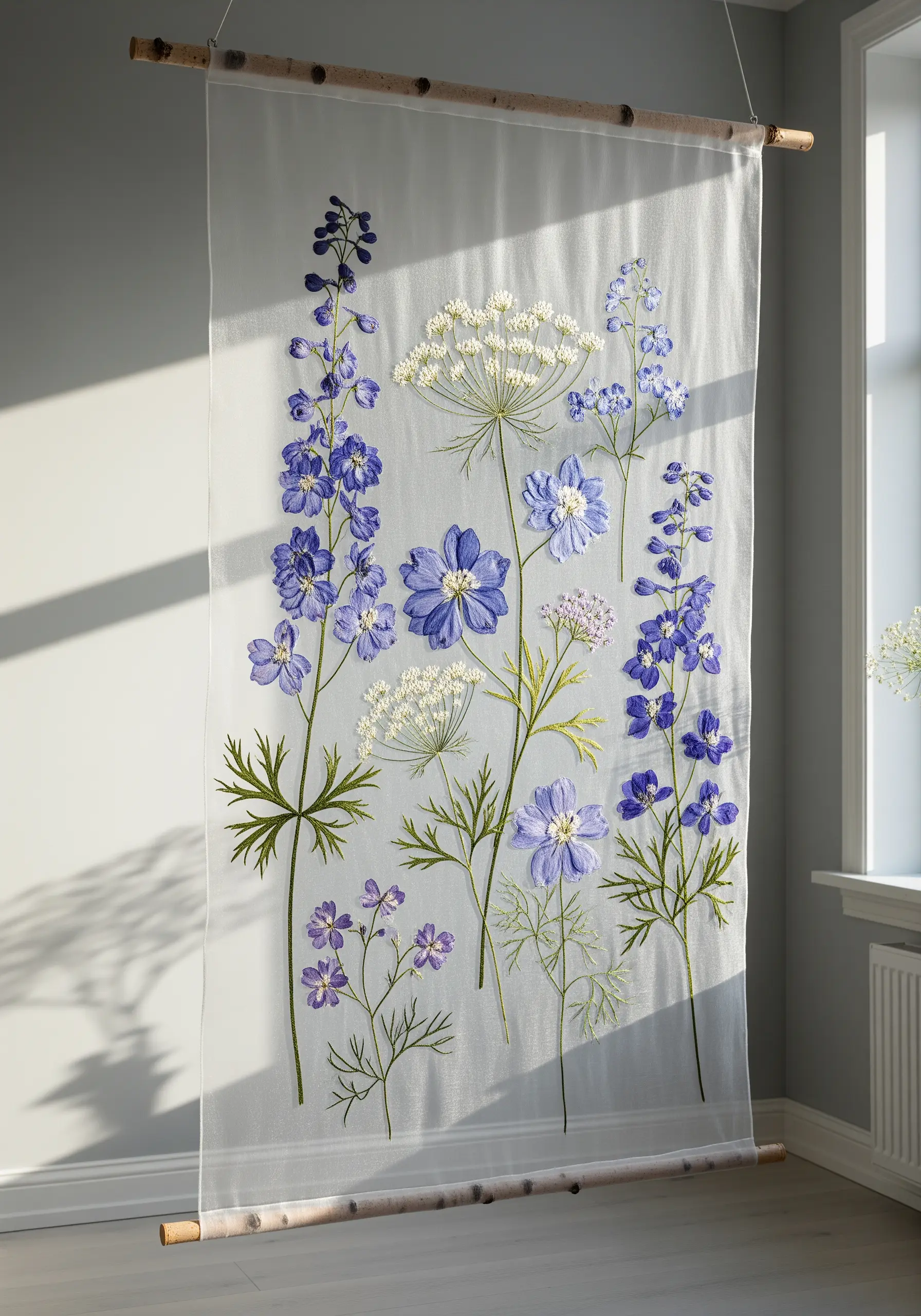 Embroidery of blue and white flowers on a sheer fabric panel hanging in a window.